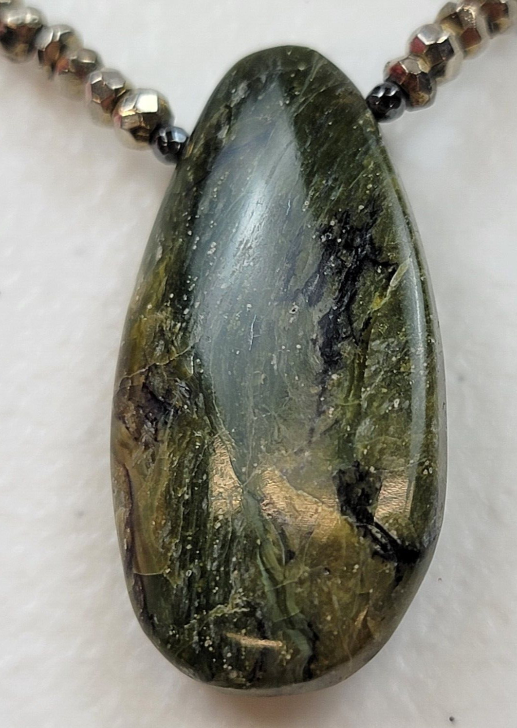 Teardrop Moss Agate Pendant Crystal Beaded Necklace 18 In Dainty 33mm