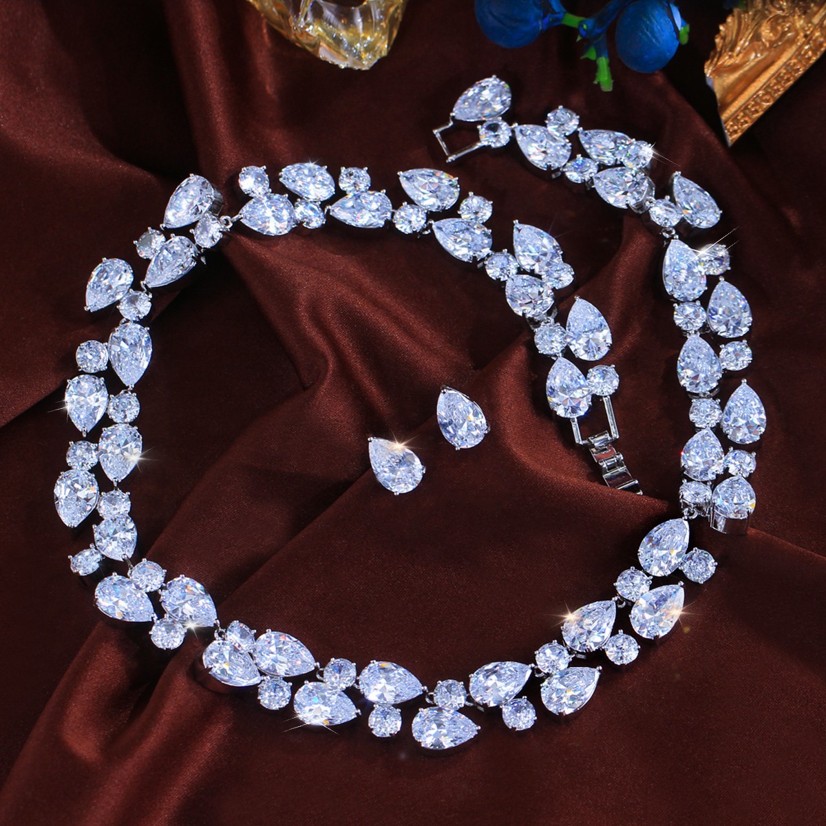 Water Drop Round Zircon Wide Necklace Earrings Silver Plated Wedding Jewelry Set