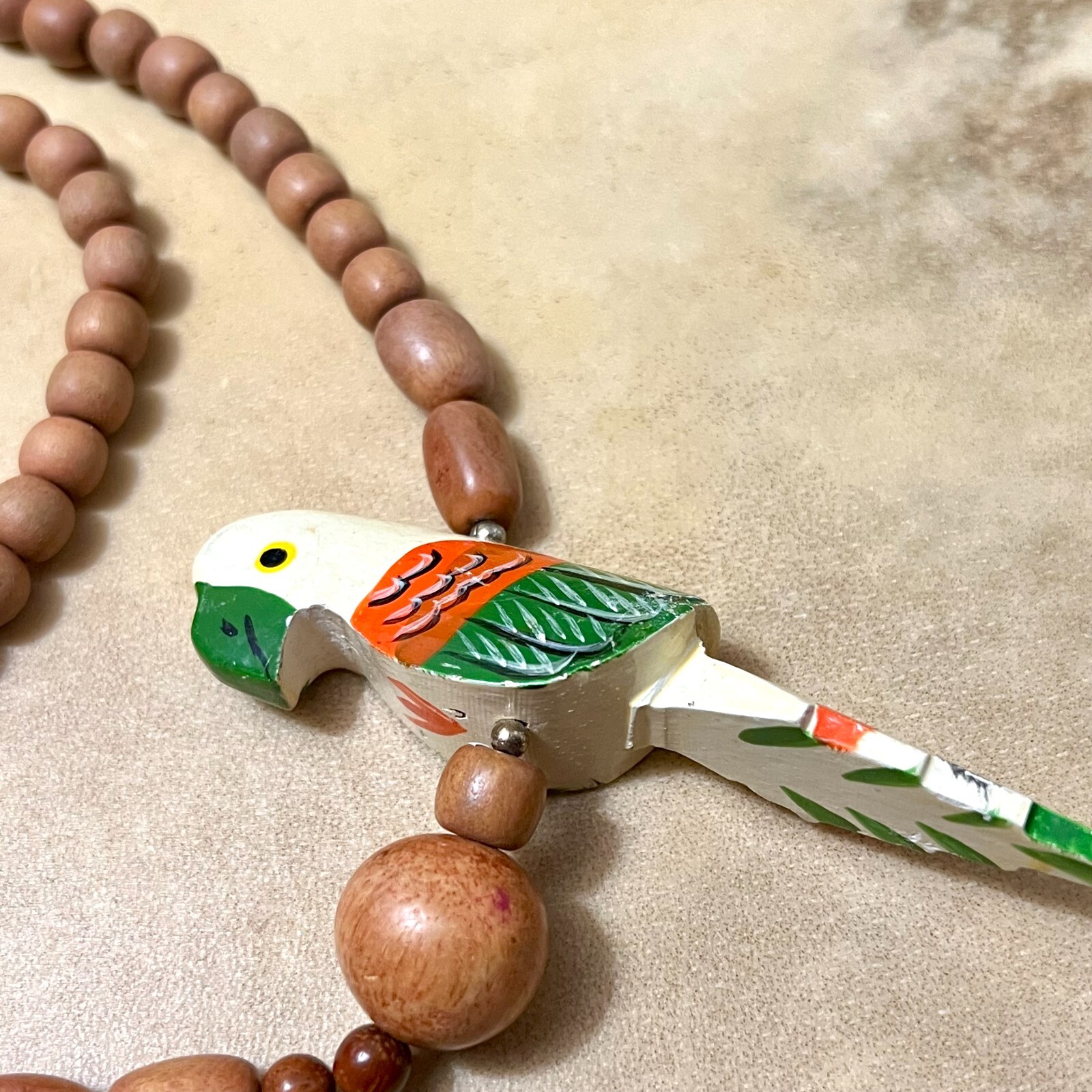 Tropical Luau Wooden Lei Necklace, Multi Strand w/ Hand Painted Parrot VTG – 26″