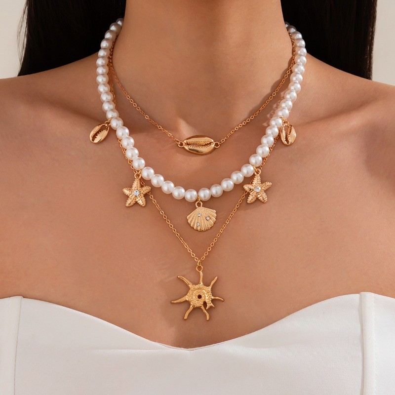 Women’s Bohemian Pearl Bead Necklace, Starfish Shell Pendant Layered Necklace