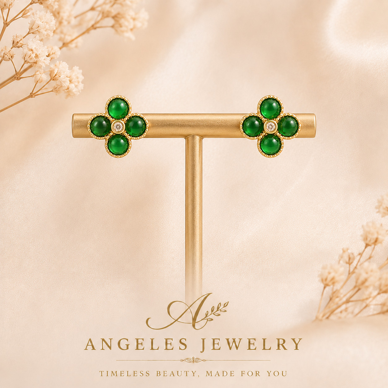 Jade Four-Leaf Clover Stud Earrings Minimalist Bamboo 18K Gold Plated Gemstone
