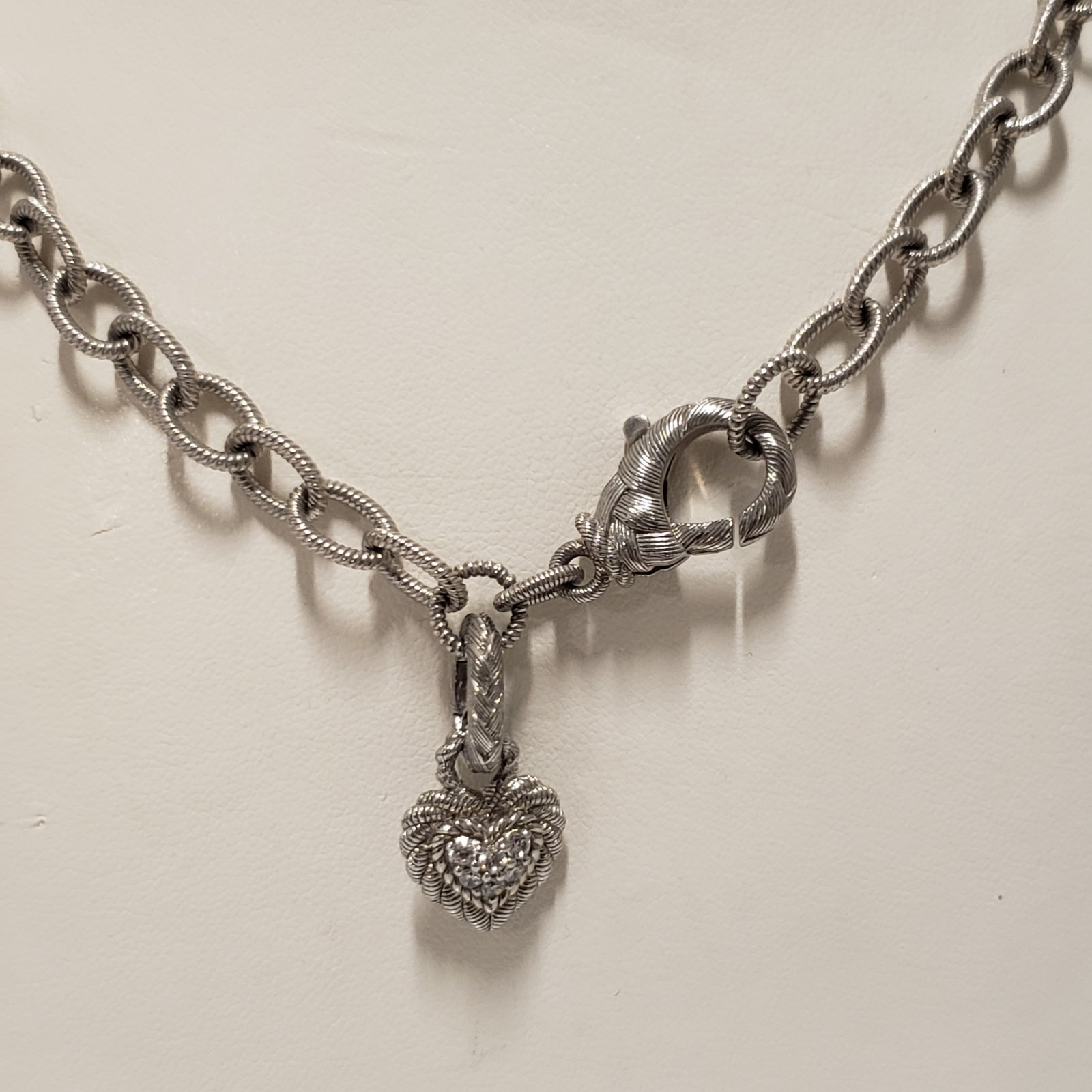 Judith Ripka Sterling Silver Diamonique Heart Charm Rolo Link Necklace 20″