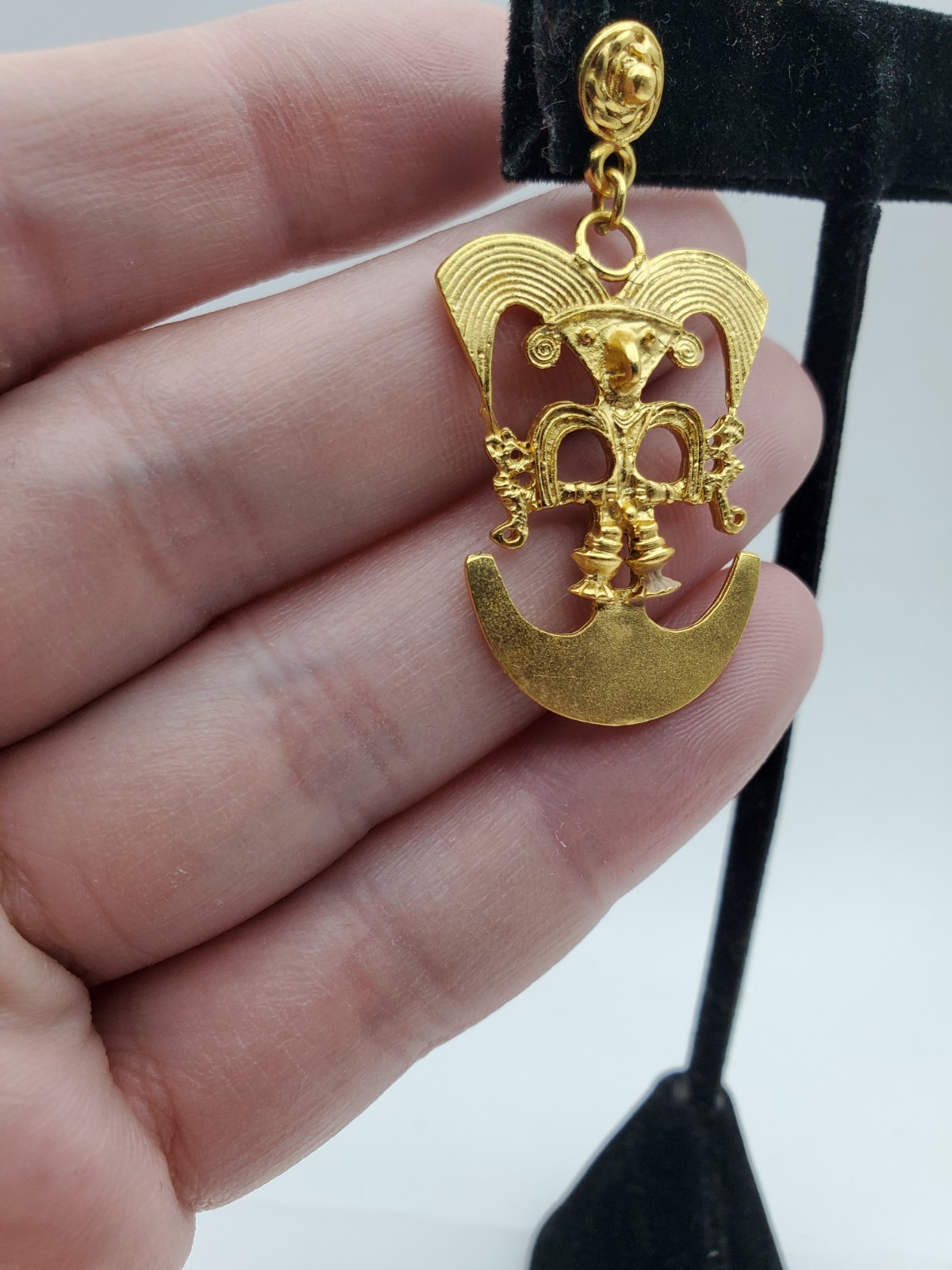 Vintsge Gold Plated Pre-Columbian Bird Shaman Dangle Pierced Earrings 1.75″