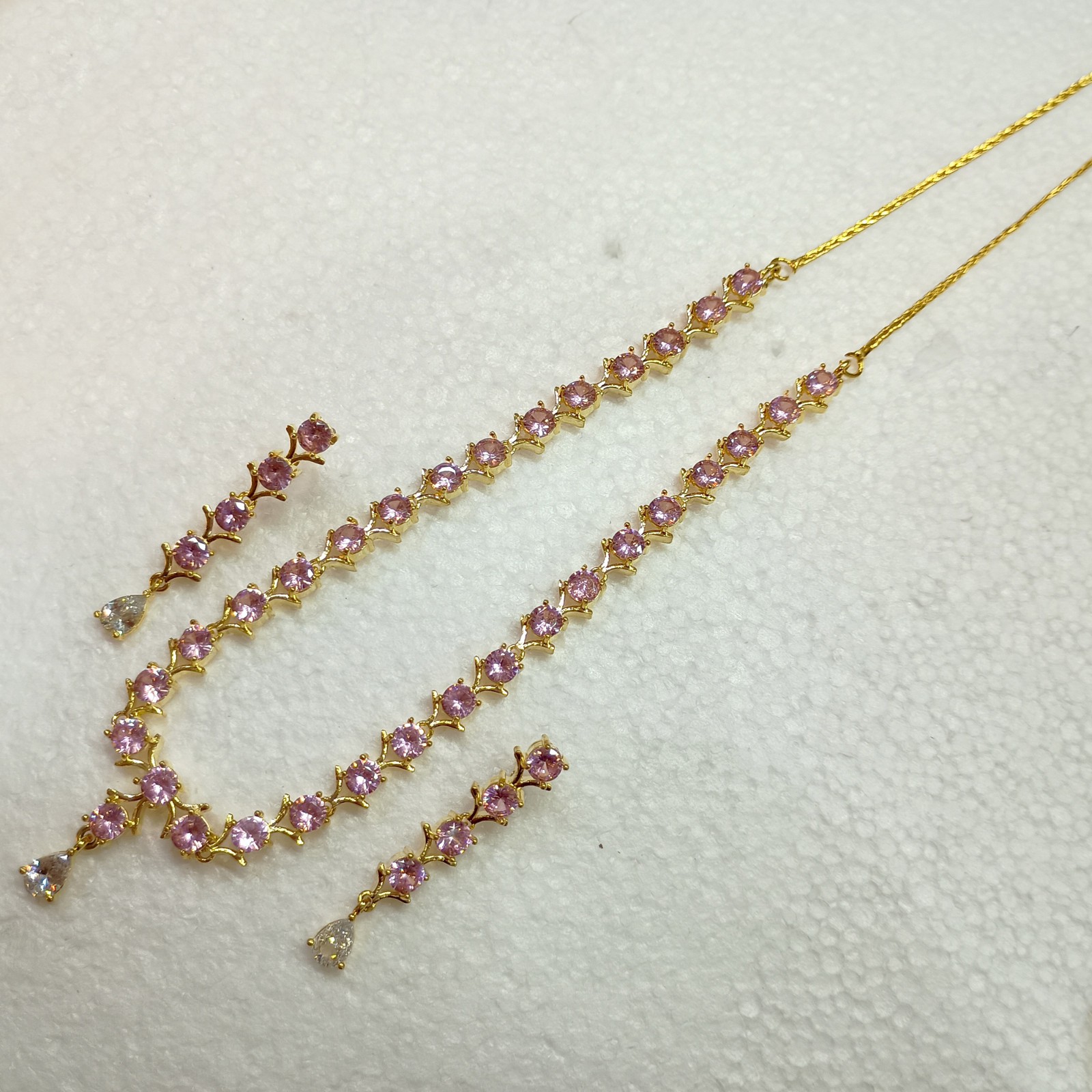22K Gold Plated Pink Morganite Choker Set Handmade Round Crystal Party Necklace