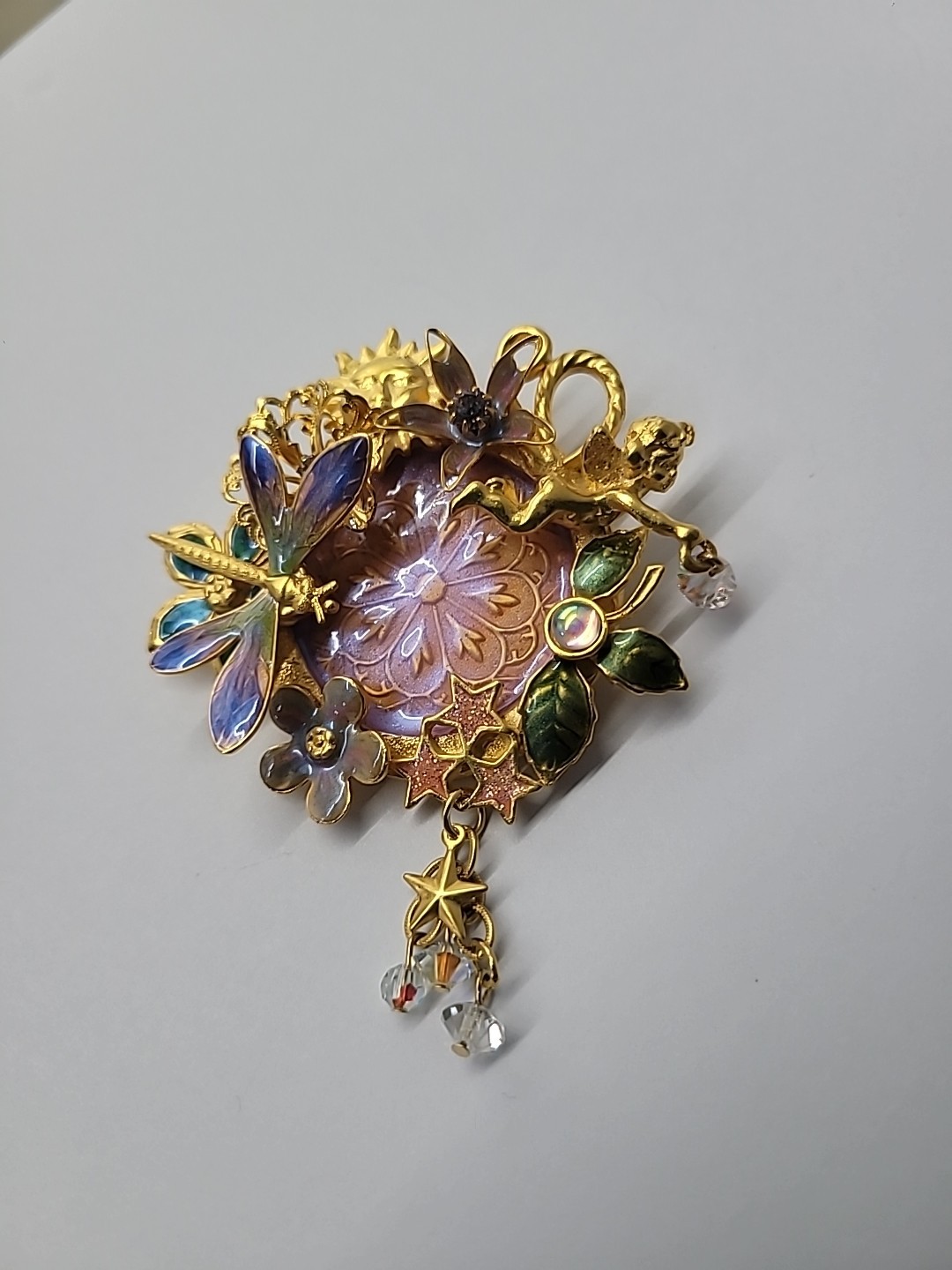 Vintage Kirks Folly Fairy Dragonfly Garden Brooch Iridescent Medallion Retired