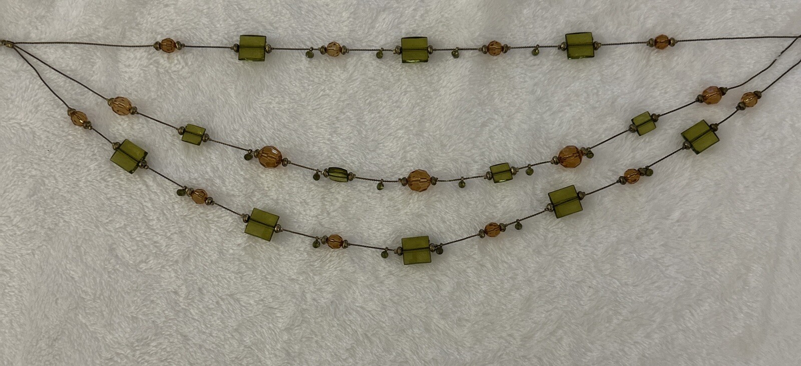 Layered Necklace Multi Strand Beaded Olive Peach Brass Color Chain Square 10”