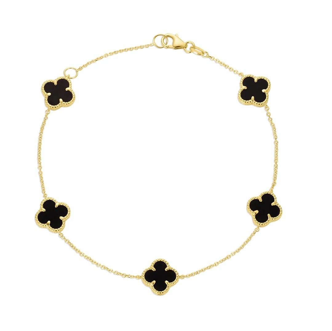 14K Yellow Gold Onyx Quatrefoil Station Bracelet Five Motif 7-8 Inch