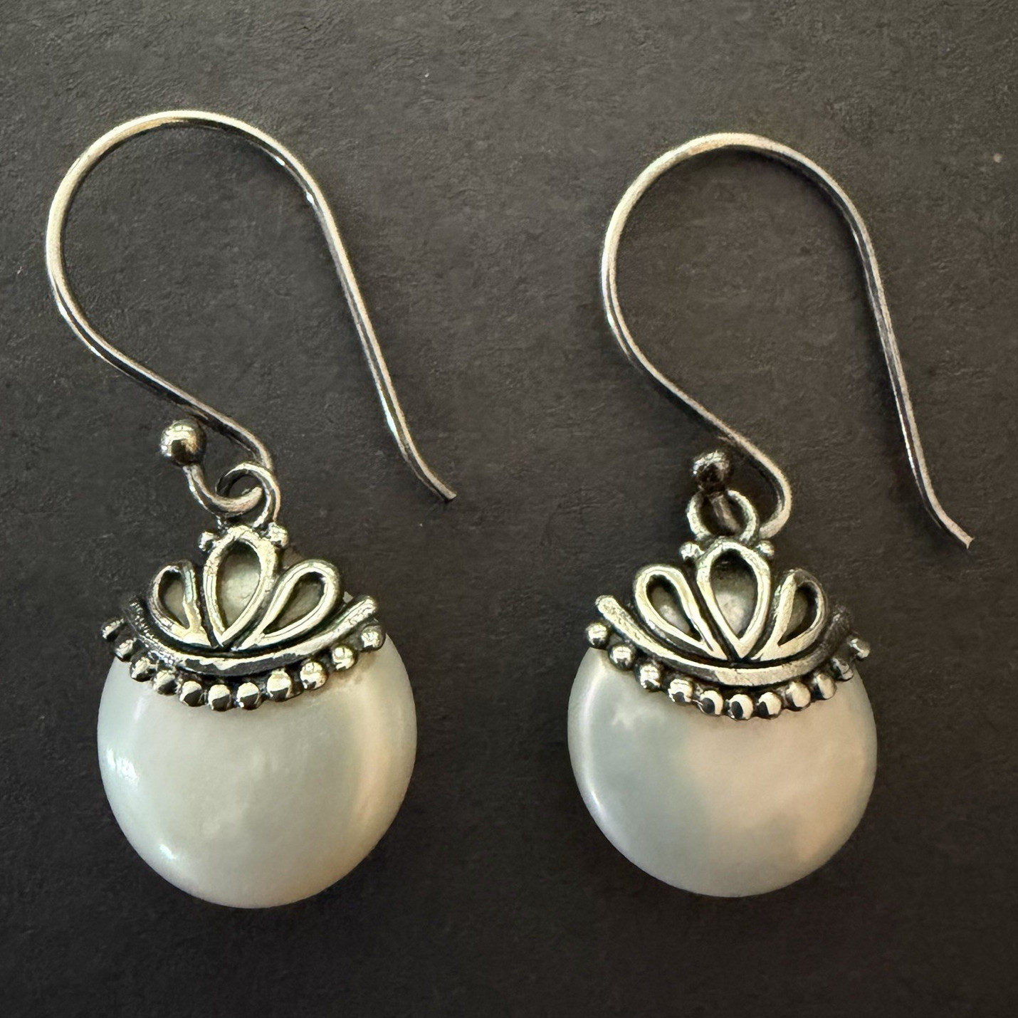 CFJ THAI 925 Sterling Silver Mother of Pearl Crown Drop Dangle Earrings Boho