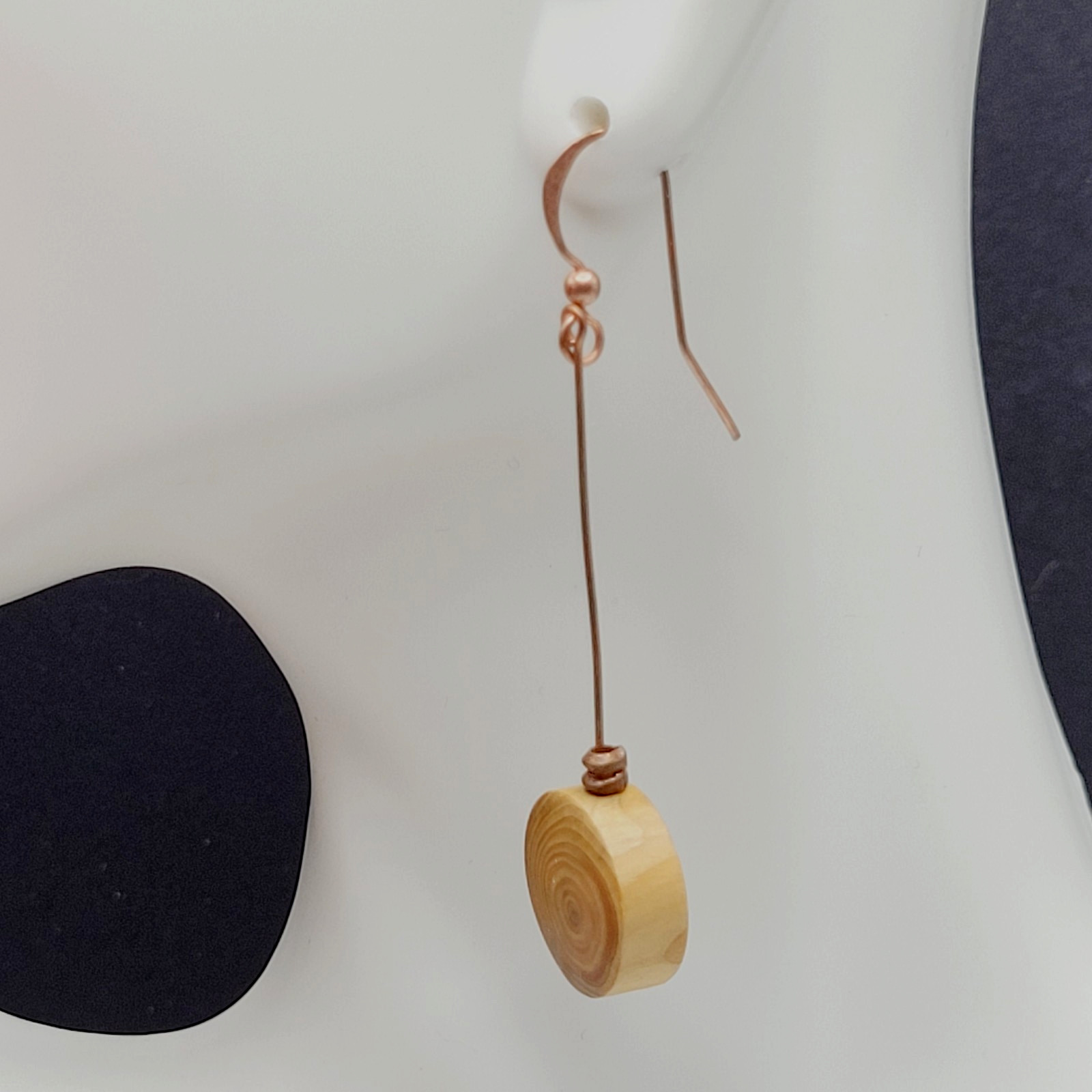 Artisan Handcrafted Round Wood Slice Drop Earrings Long Copper Wire Tree Ring