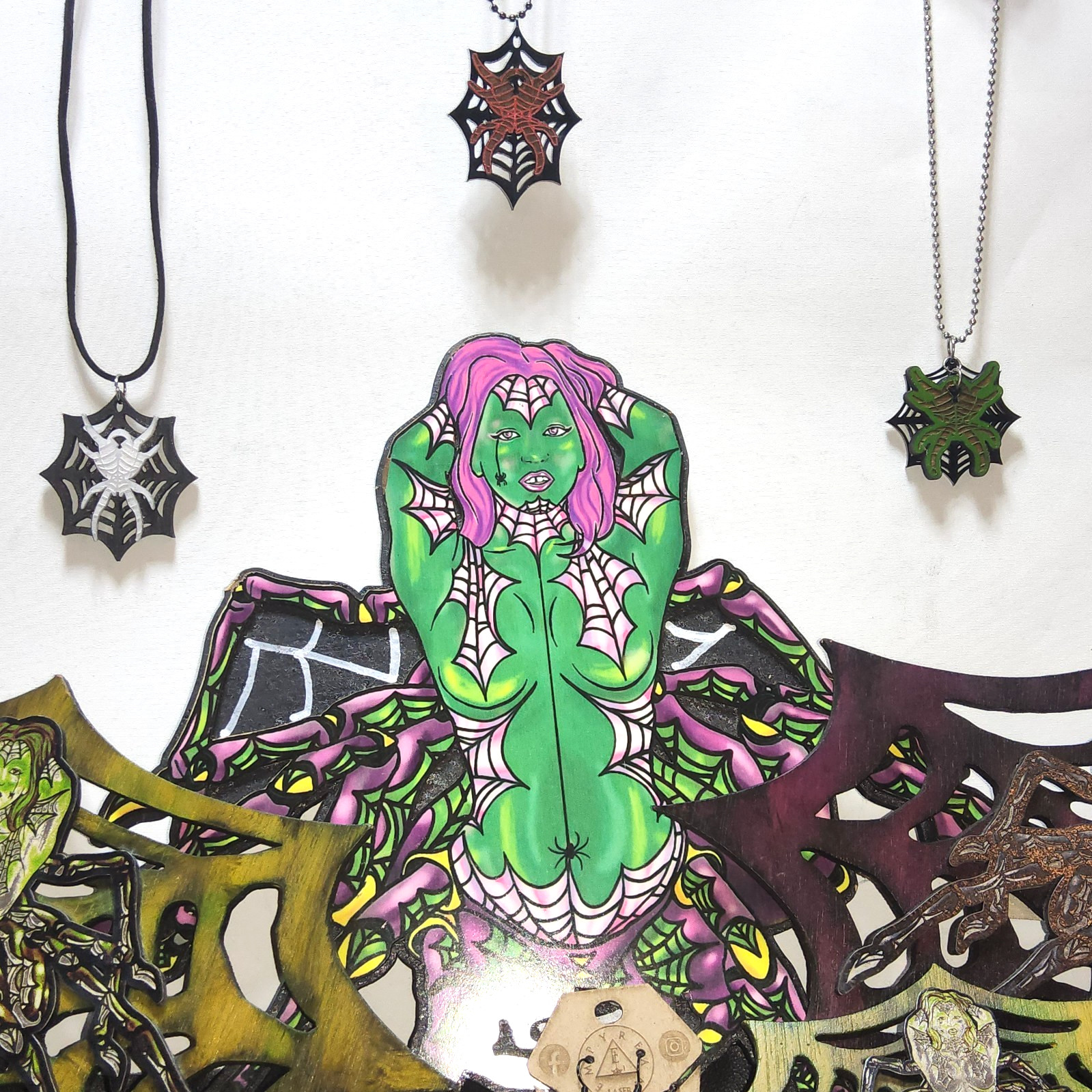 Lasered acrylic spider web earrings necklace set goth horror style art decor