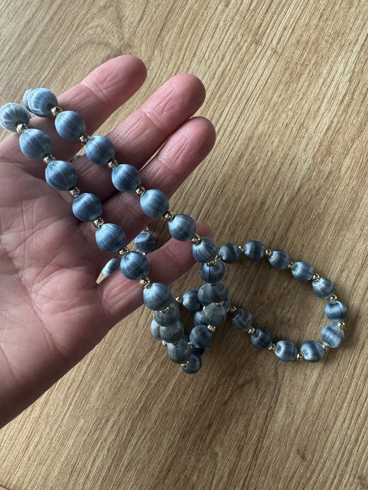 Vintage Blue Round Thread Wrapped Beaded Strand Necklace Ball/Bead Chain 25 in