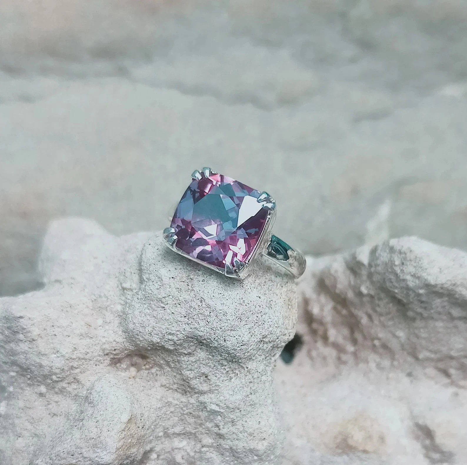 Certified 7 Ct Natural Alexandrite Cushion Gemstone Ring 925 Silver Ring size 8