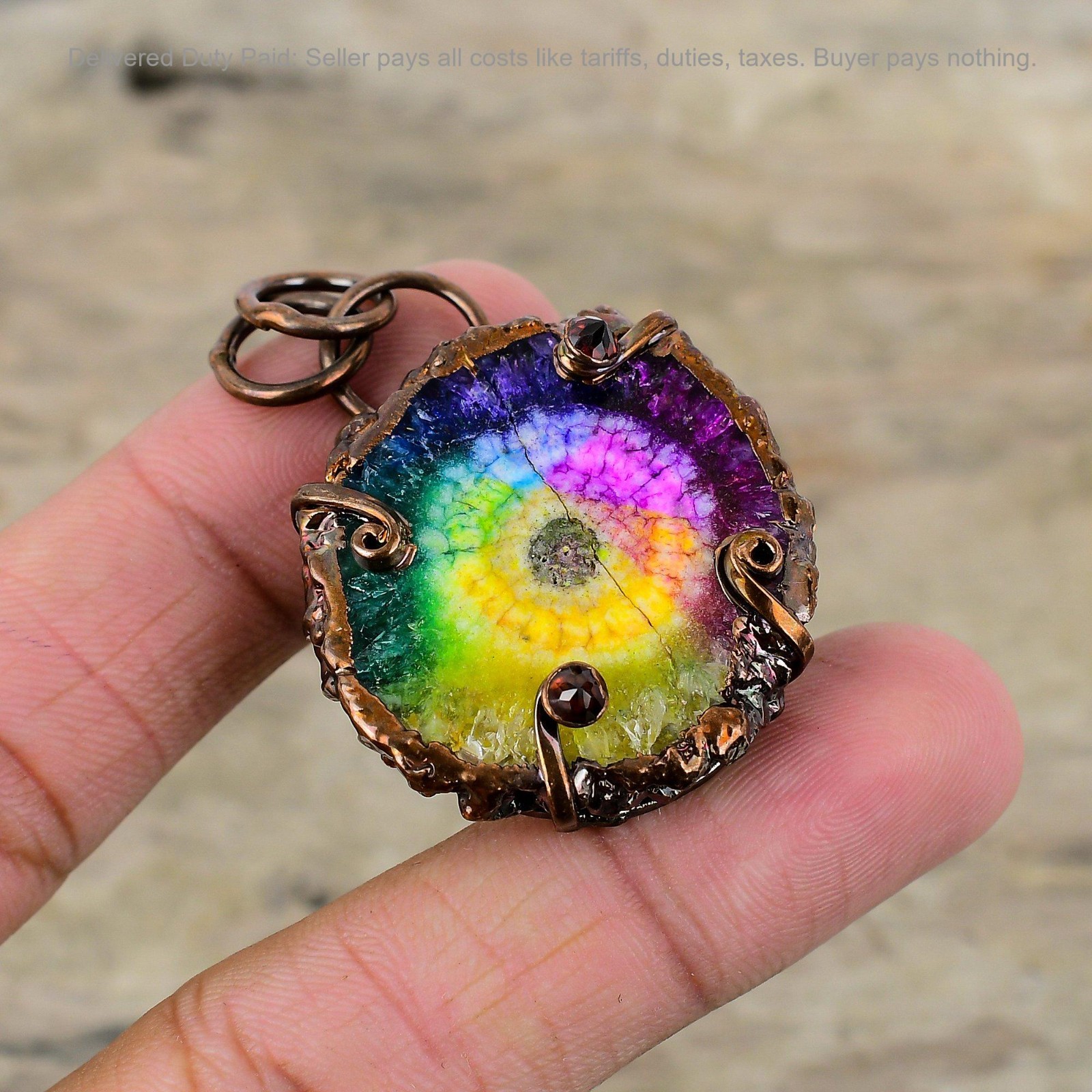 Copper Round Rainbow Solar Quartz Druzy Gemstone Electroformed Pendant Jewelry
