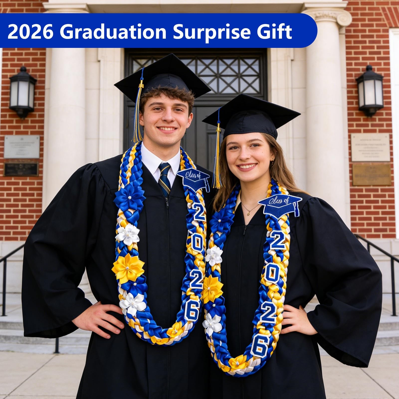 50” Graduation Lei 2026 Double Braided Ribbon Lei with 4 Satin Flowers, 2026 Gr