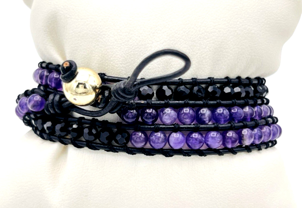 Purple Amethyst Black Bead Multi Wrap Bracelet 23 in