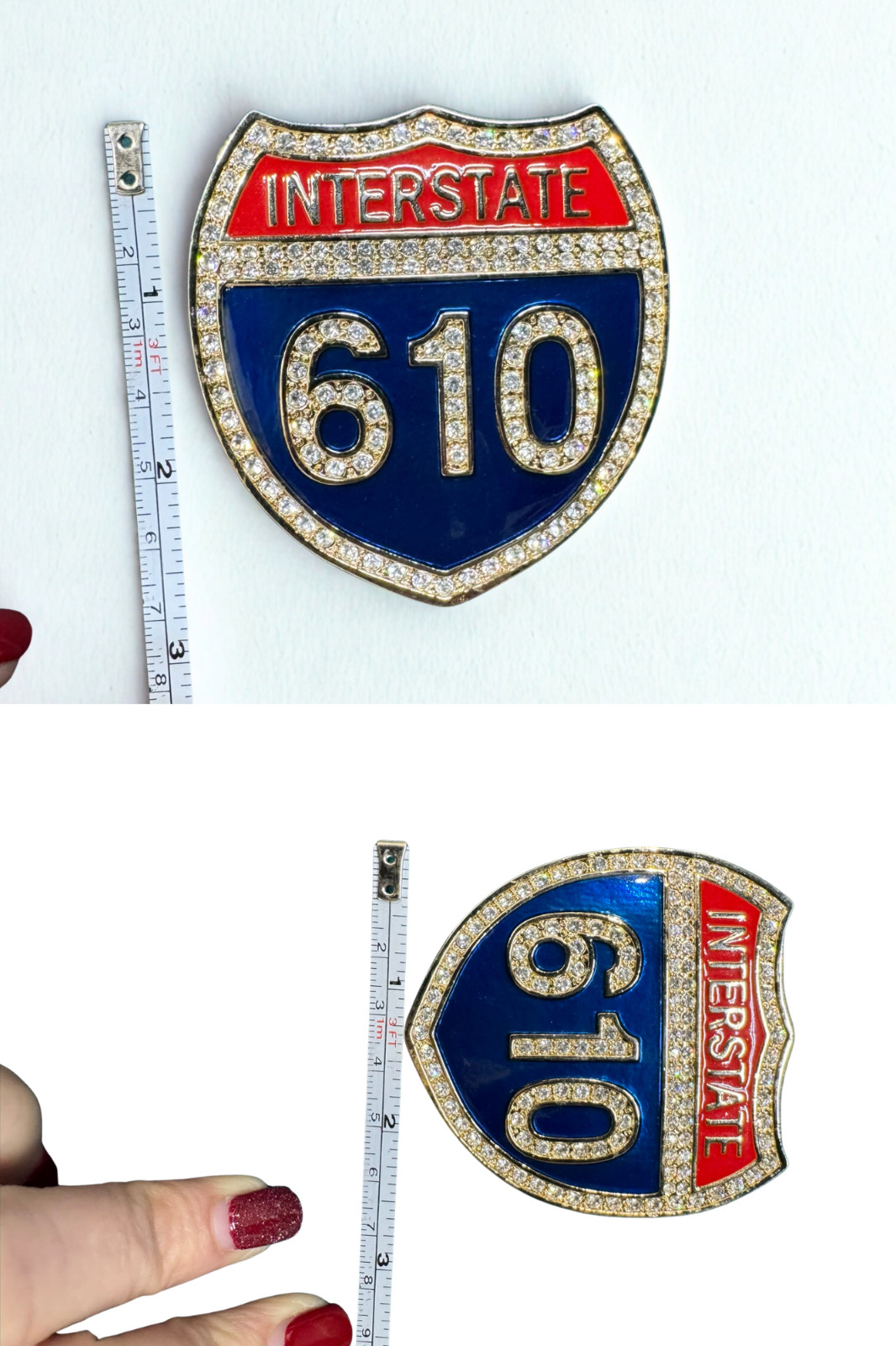 Interstate 610 Shield Belt Buckle – Gold Tone Iced Out Rhinestone Accessory