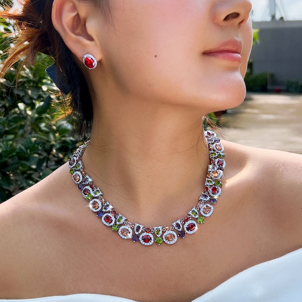 Multicolor Oval Geometric Necklace Earrings Silver Plated CZ Bridal Jewelry Set