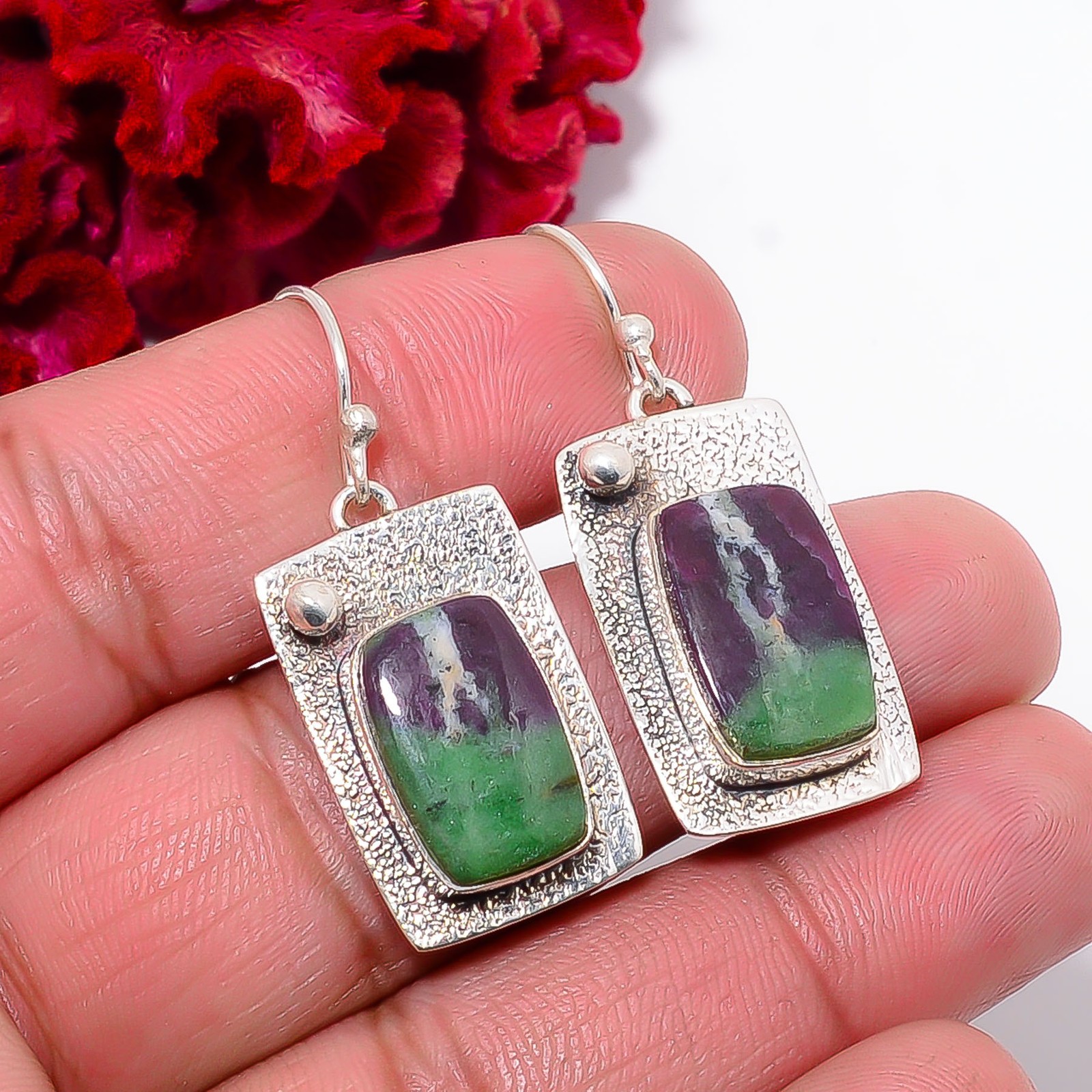 Natural Ruby With Zoisite – Tanzania 925 Sterling Silver Earring 1.56″ E102711