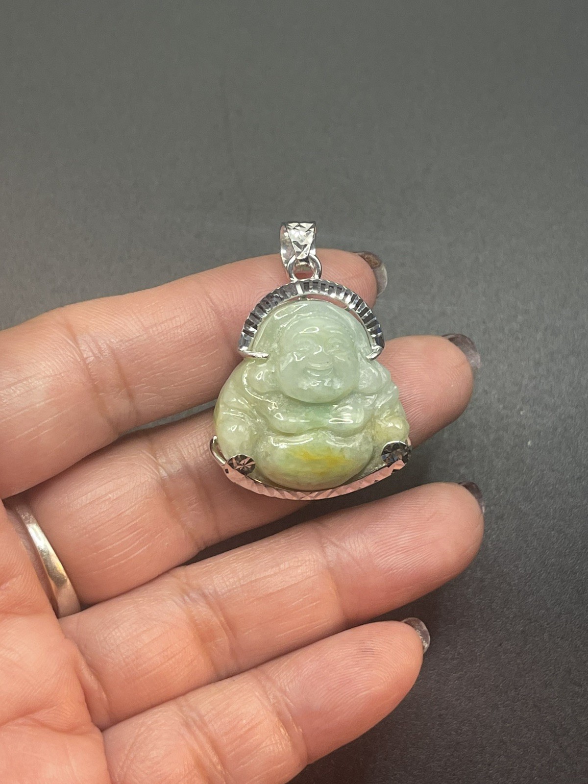 Maitreya Laughing Buddha 100% Natural Jade with Silver . Hand sculpted.No Dyed.