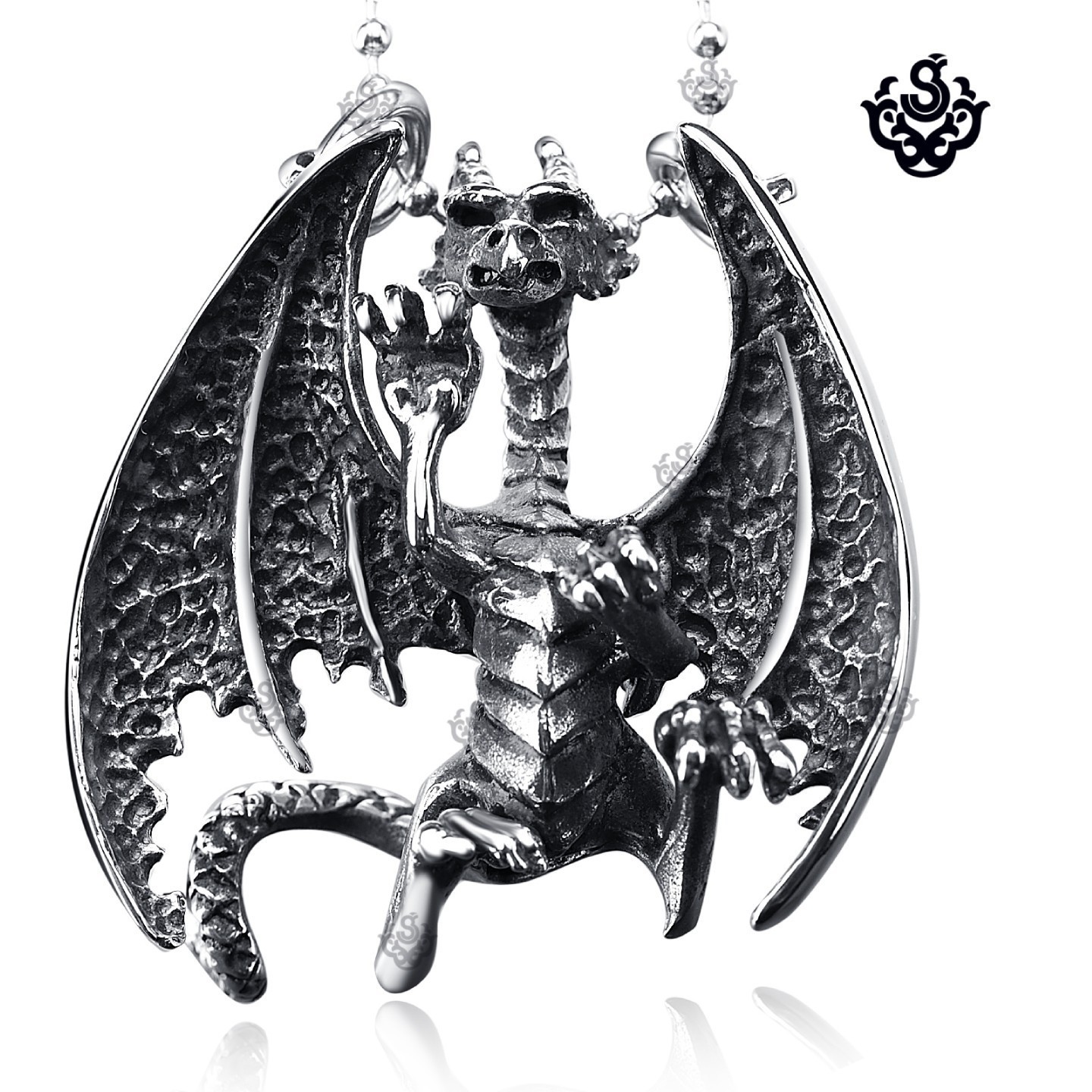 3D Fantasy Dragon Pendant Necklace Gothic Stainless Steel Silver Wyvern Gift