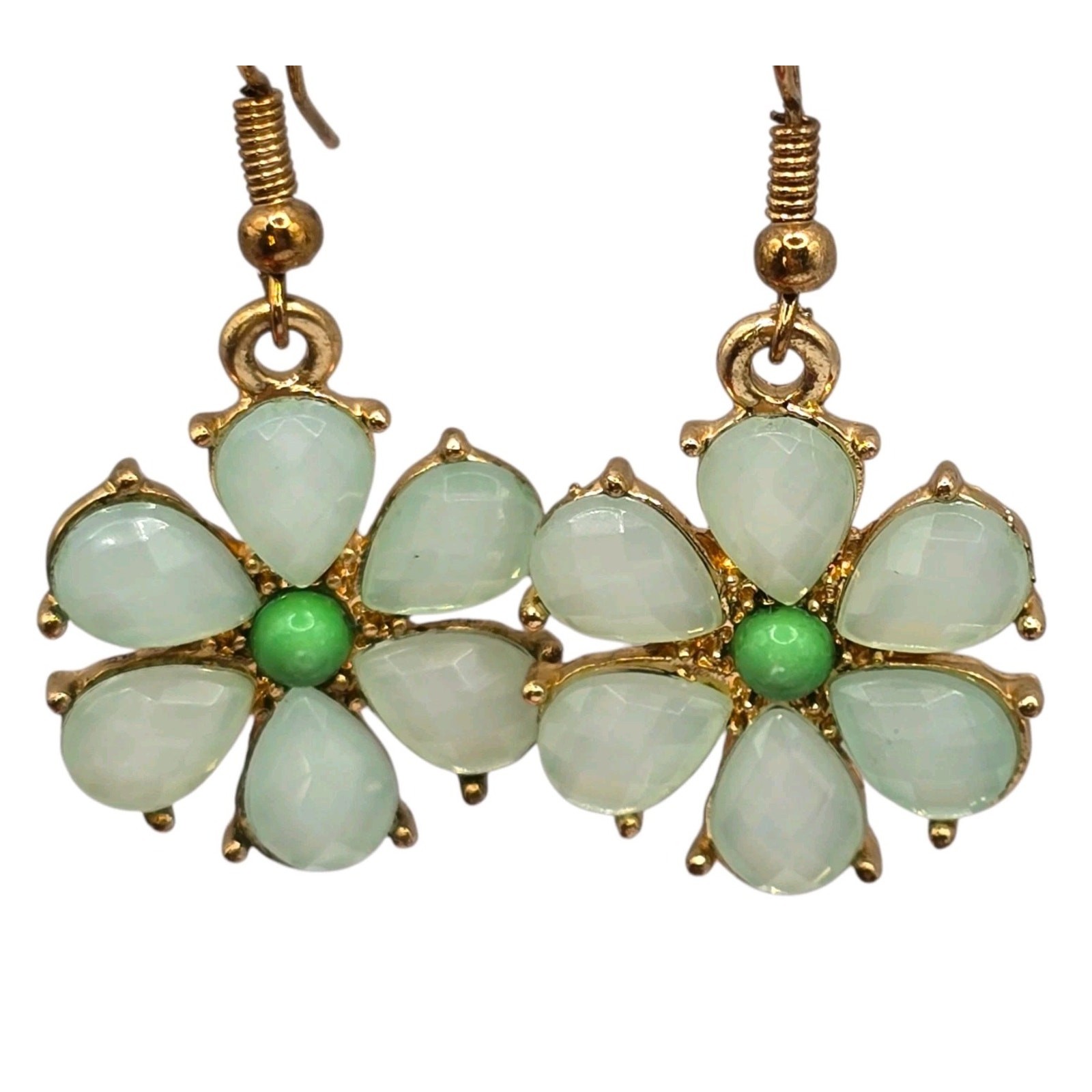 Earrings Floral Petal Mint Green Resin Acrylic Faceted Beads Dangle Pierced