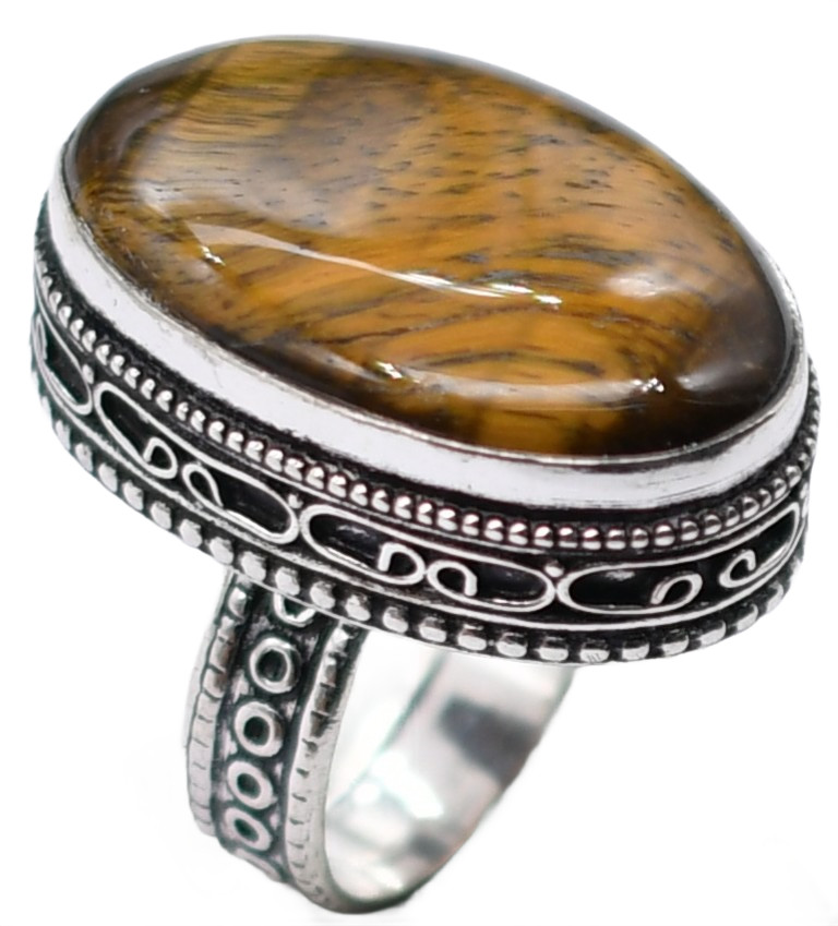 Tiger Eye Natural Gemstone Antique Silver Plated Ring US Size-8.25 A 314