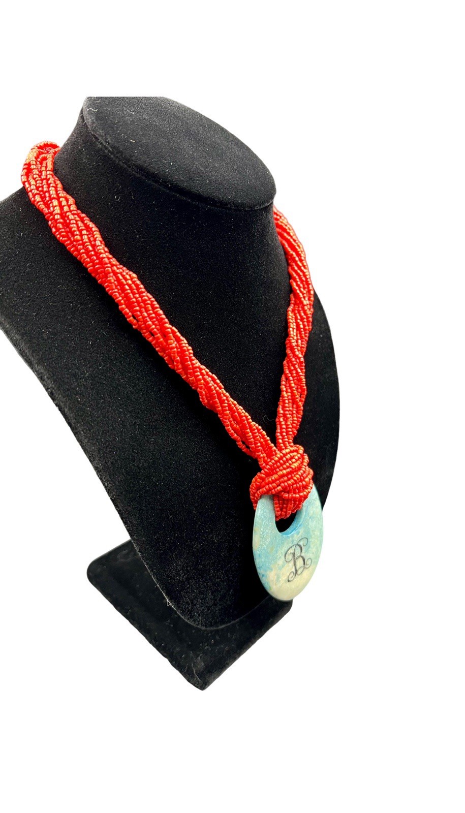 Red Multi-Strand Seed Bead Necklace with Blue Green Monogram “B” Stone Pendant