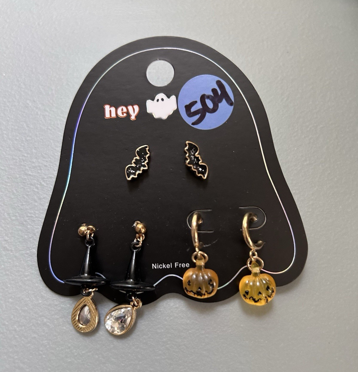 Nickel-Free Halloween Assorted Earrings Set Bat Pumpkin Ghost Multicolor Metal
