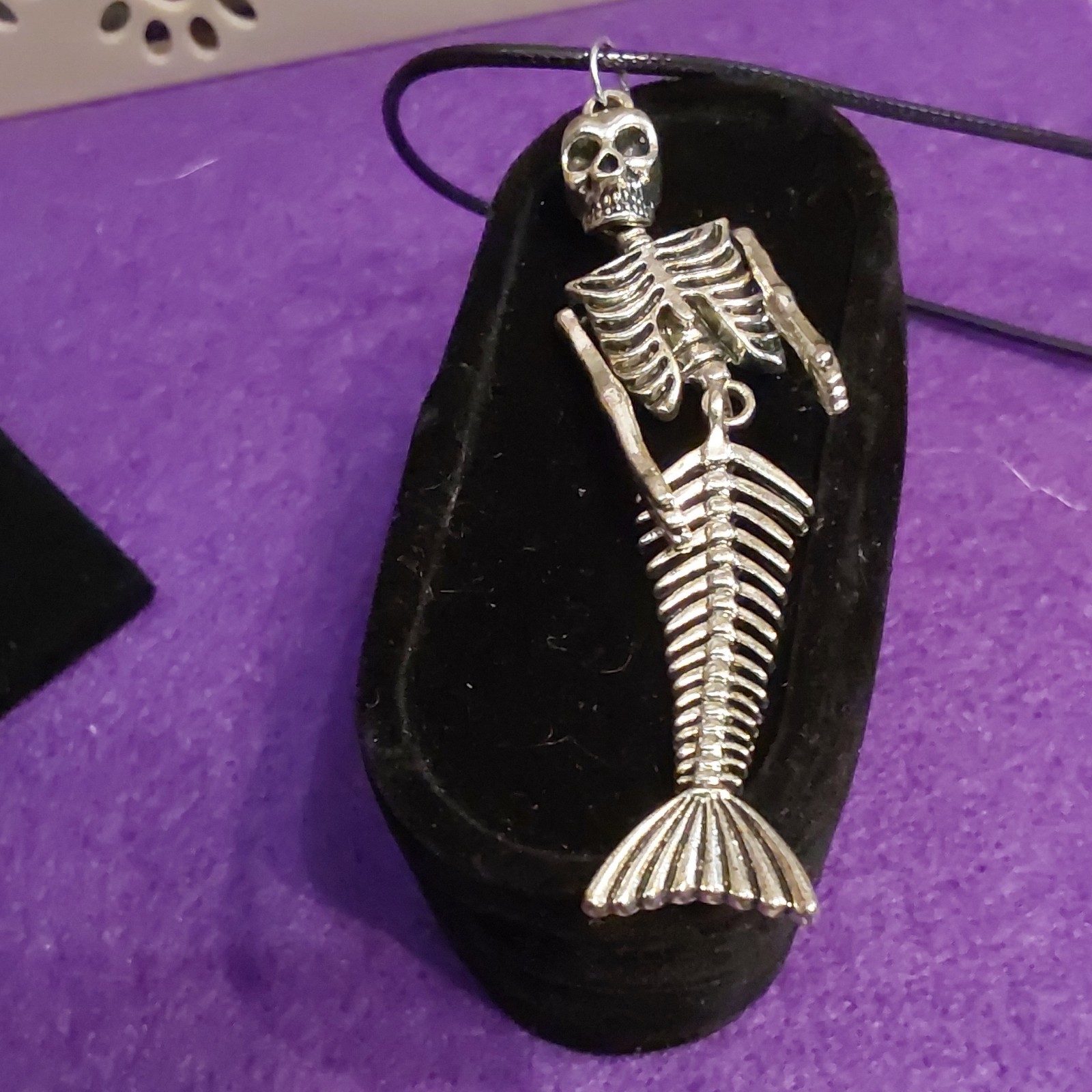 Silver Tone Skeleton Mermaid Charm Pendant Necklace Black Cord Gothic No Stone