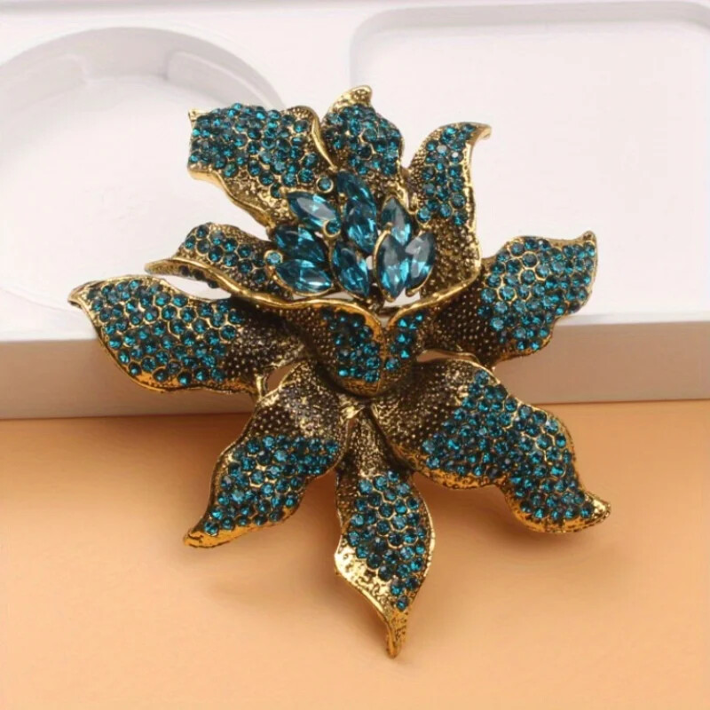 Unique Vintage Style Flower Leaf Blue Rhinestone Crystal Pendant Brooch Pin Gift