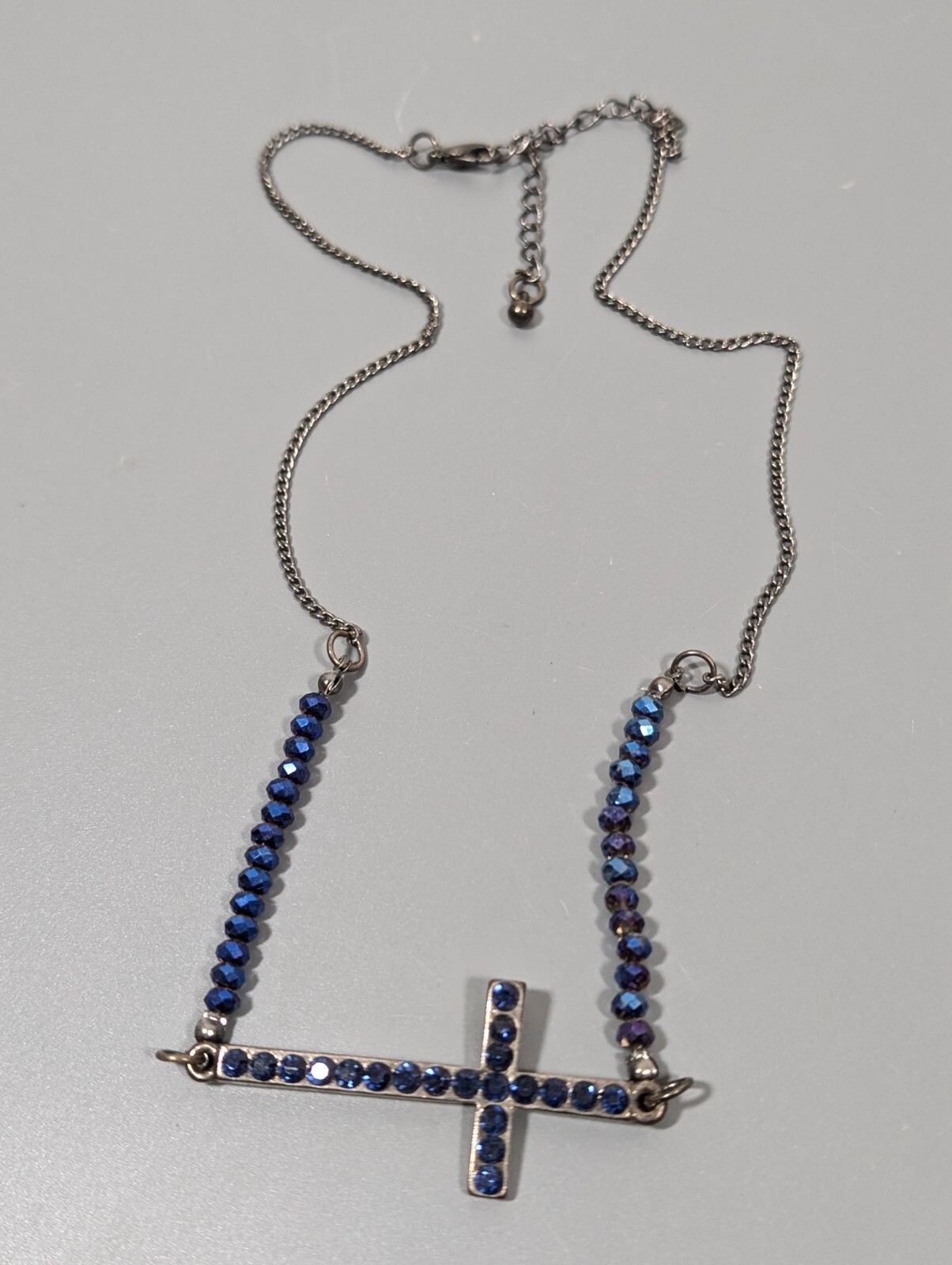 Gray Metallic Blue Rhinestone Sideways Cross Bead Necklace Gothic 23 in