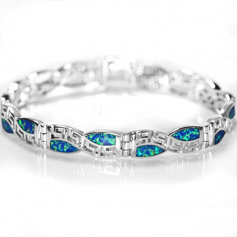 Hawaii Beach Blue Square 925 Sterling Sliver Fire Opal Bracelet 18cm