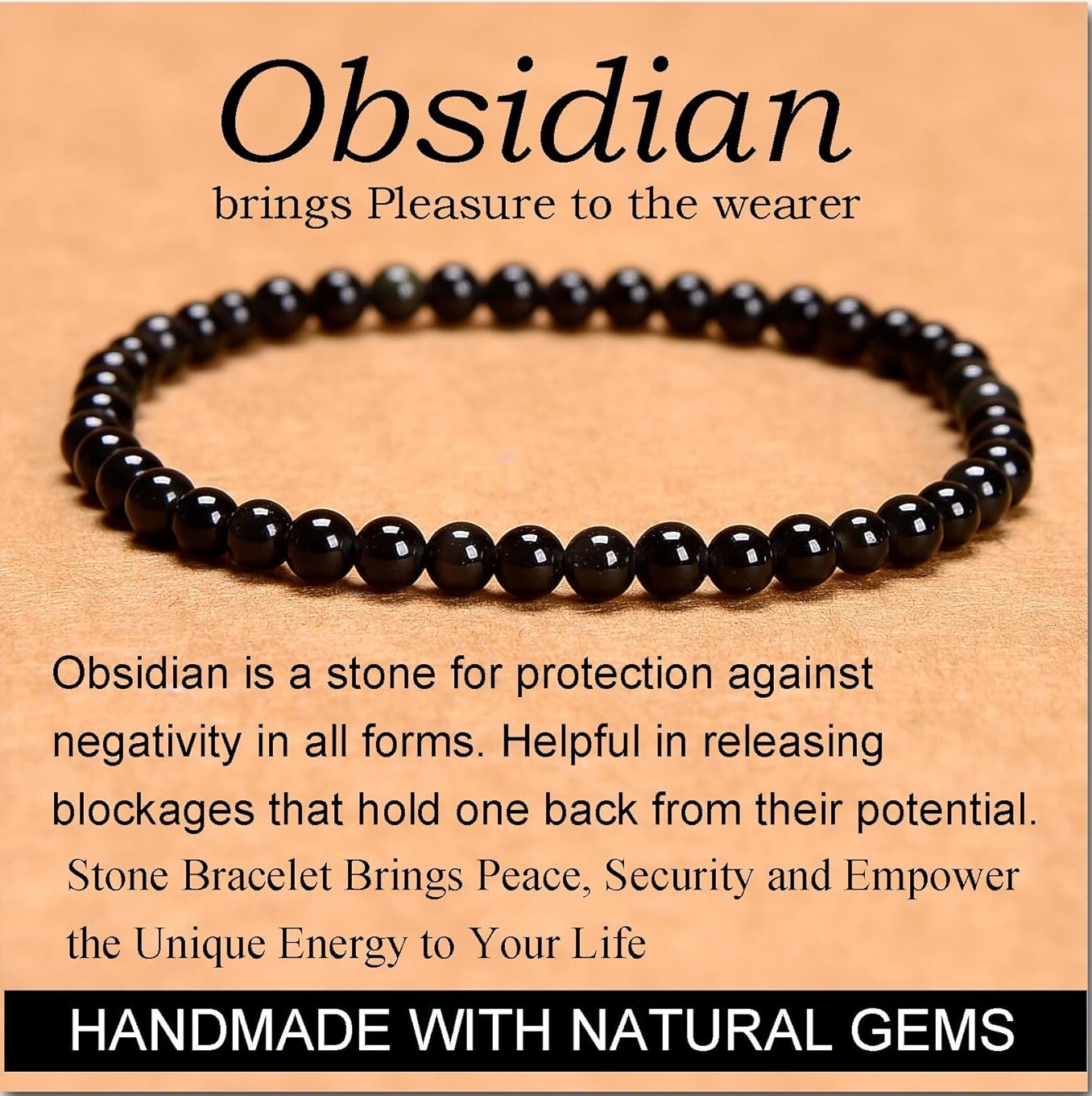 Natural Black Obsidian Stone Bracelet 4mm Healing Crystal Stretch Bracelet