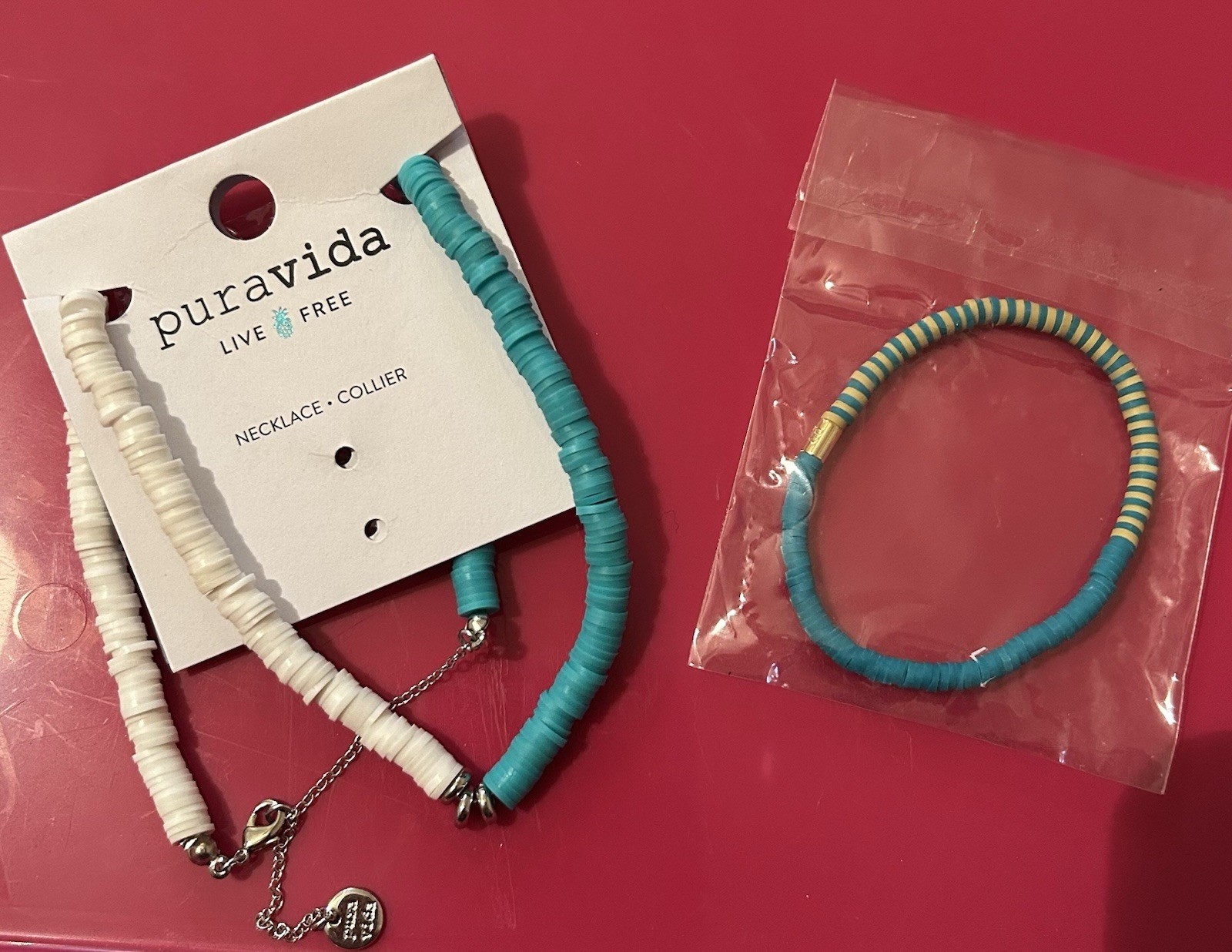 NEW PURA VIDA Teal & White Puka Shell Choker Necklace & Bracelet -Retired- NWT