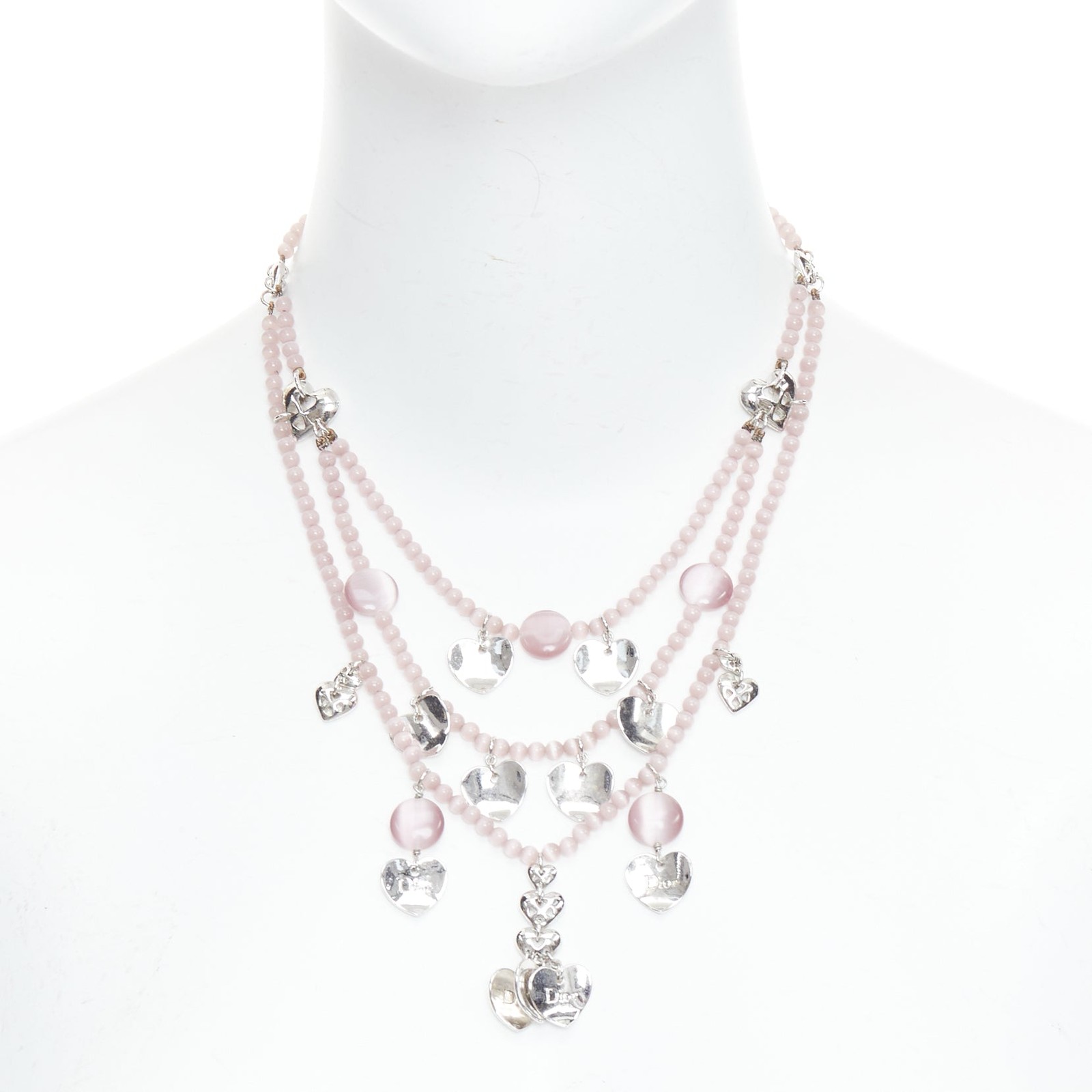 CHRISTIAN DIOR John Galliano Vintage silver pink heart logo tiered necklace