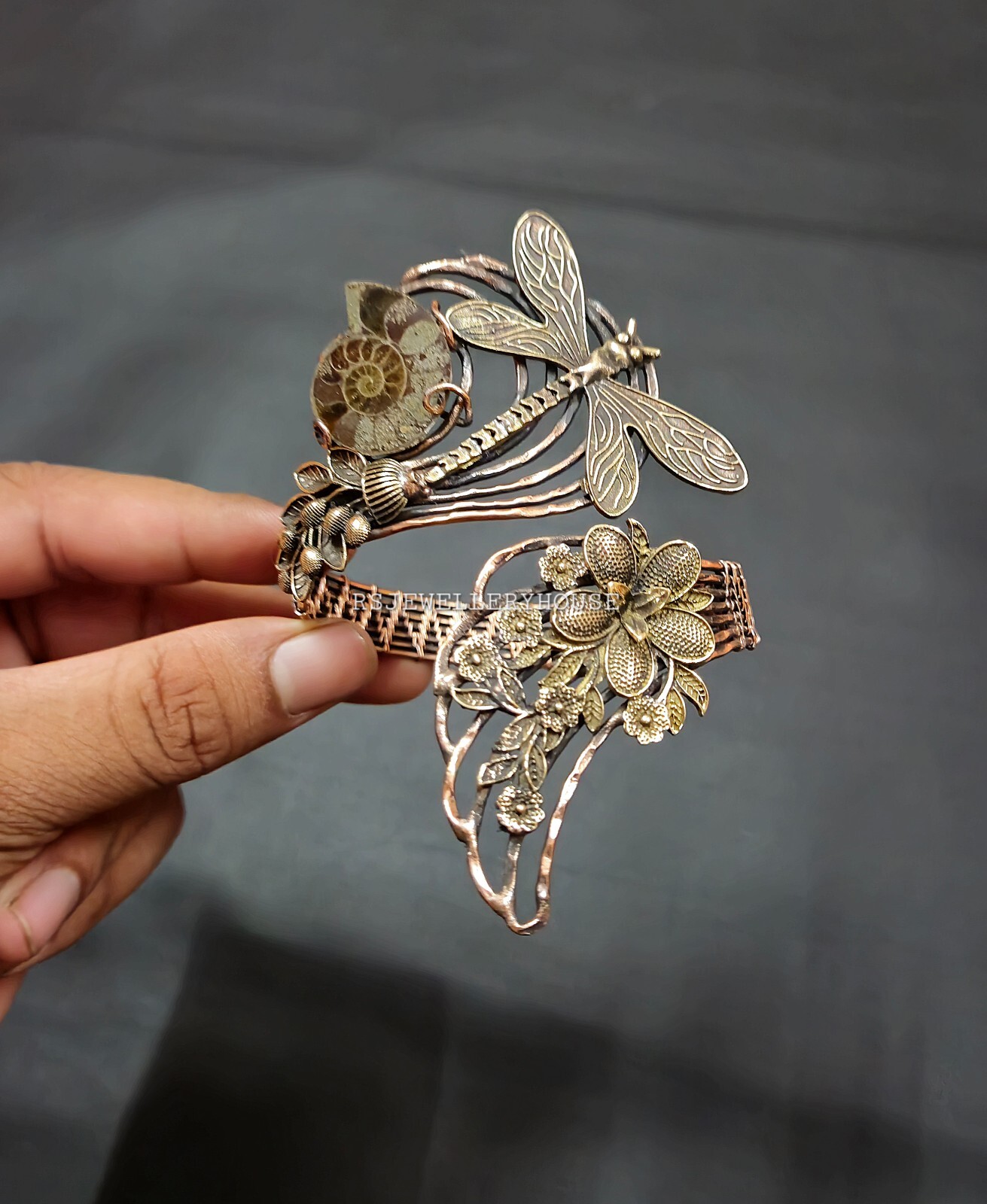 Vintage Ammonite Fossil Cuff Bracelet Wire Wrapped Adjustable Copper Bangle