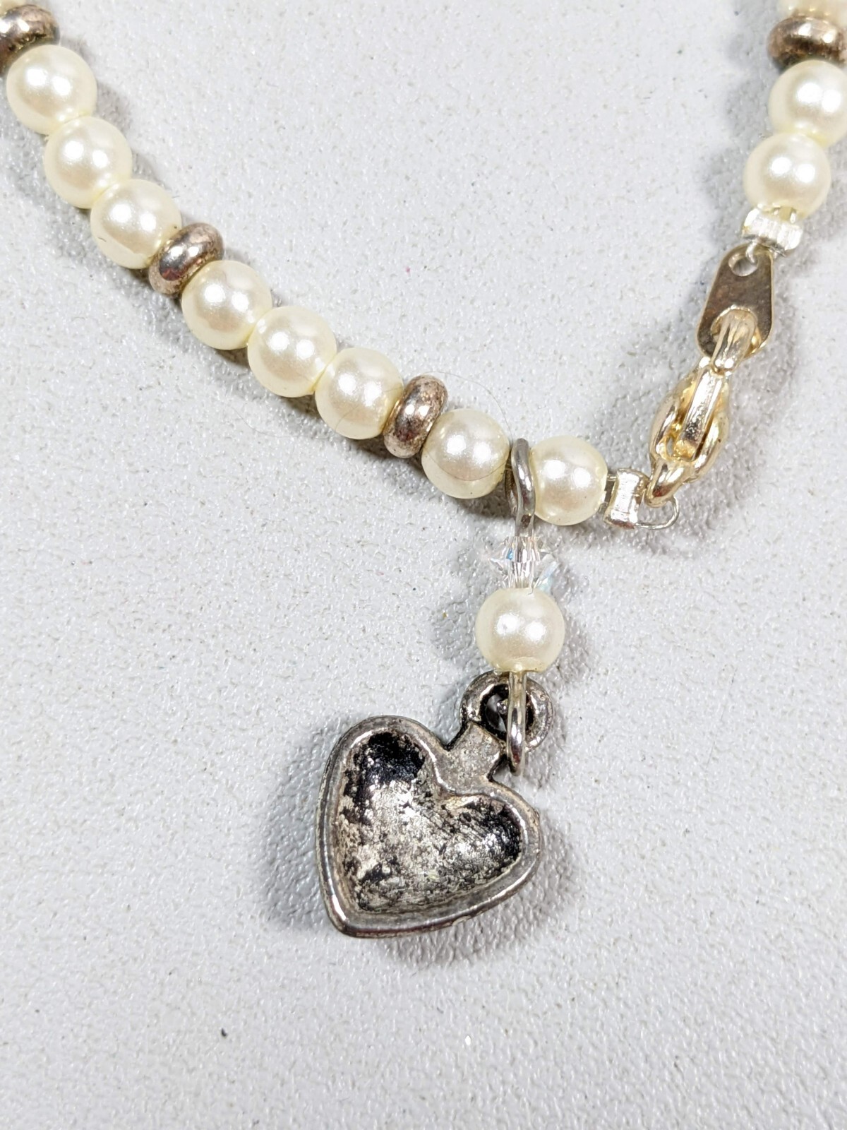 Ivory Color Acrylic Faux pearl Green Brown Crystal Heart Charm Bracelet 6.5 in