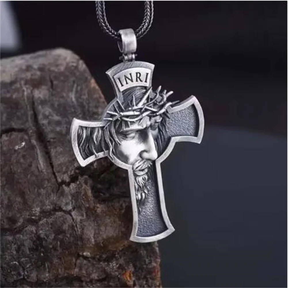 Men Women Stainless Steel Jesus Christ Face Crucifix Cross Pendant Necklace