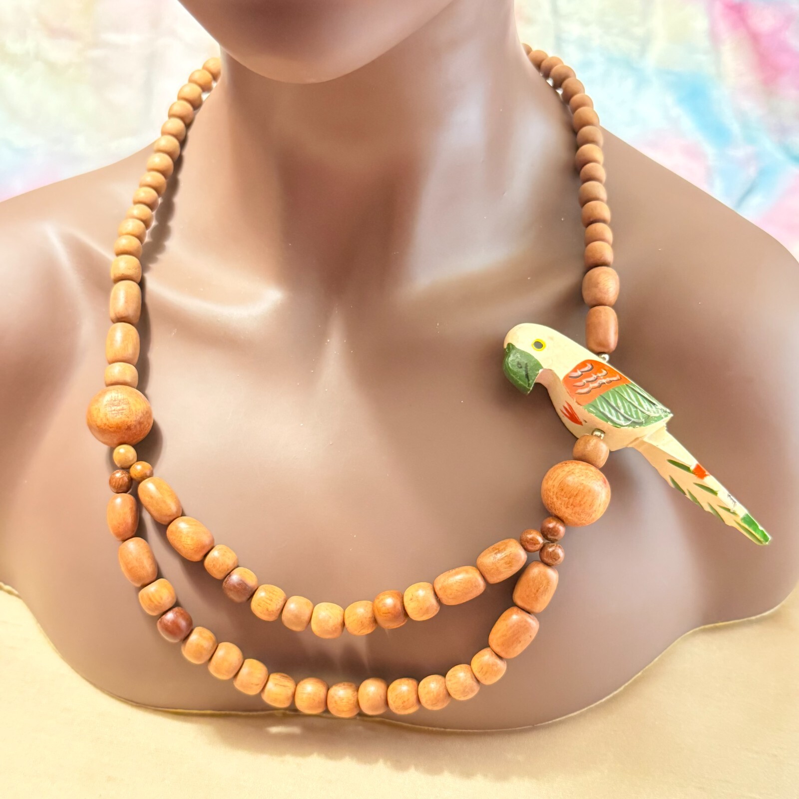 Tropical Luau Wooden Lei Necklace, Multi Strand w/ Hand Painted Parrot VTG – 26″