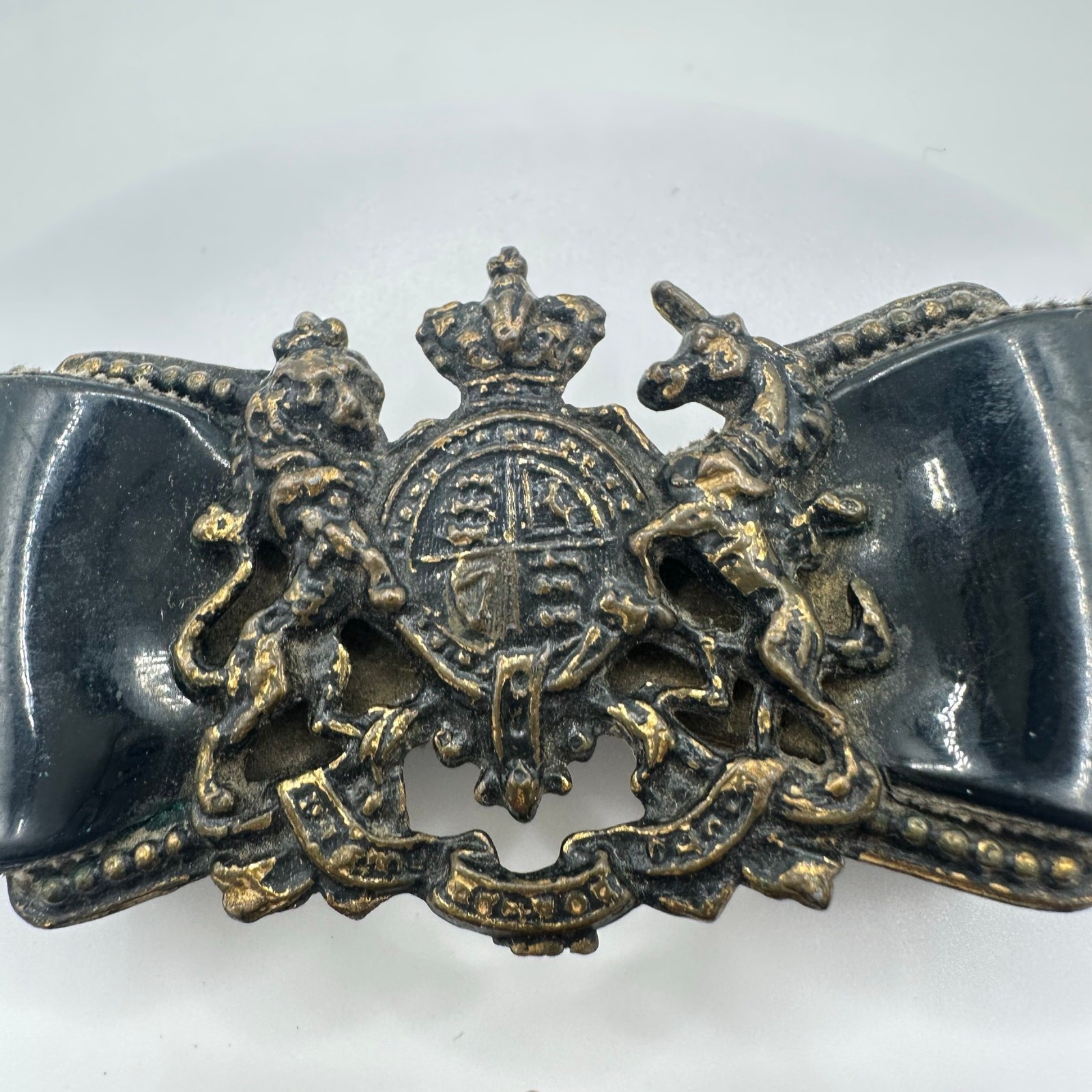 Set of 2 vintage British Military General heraldic patent leather bows buckles