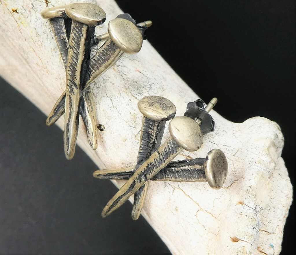 Antiqued Solid 925 Sterling Silver Triple Nails Post Stud Earrings Unique Gothic