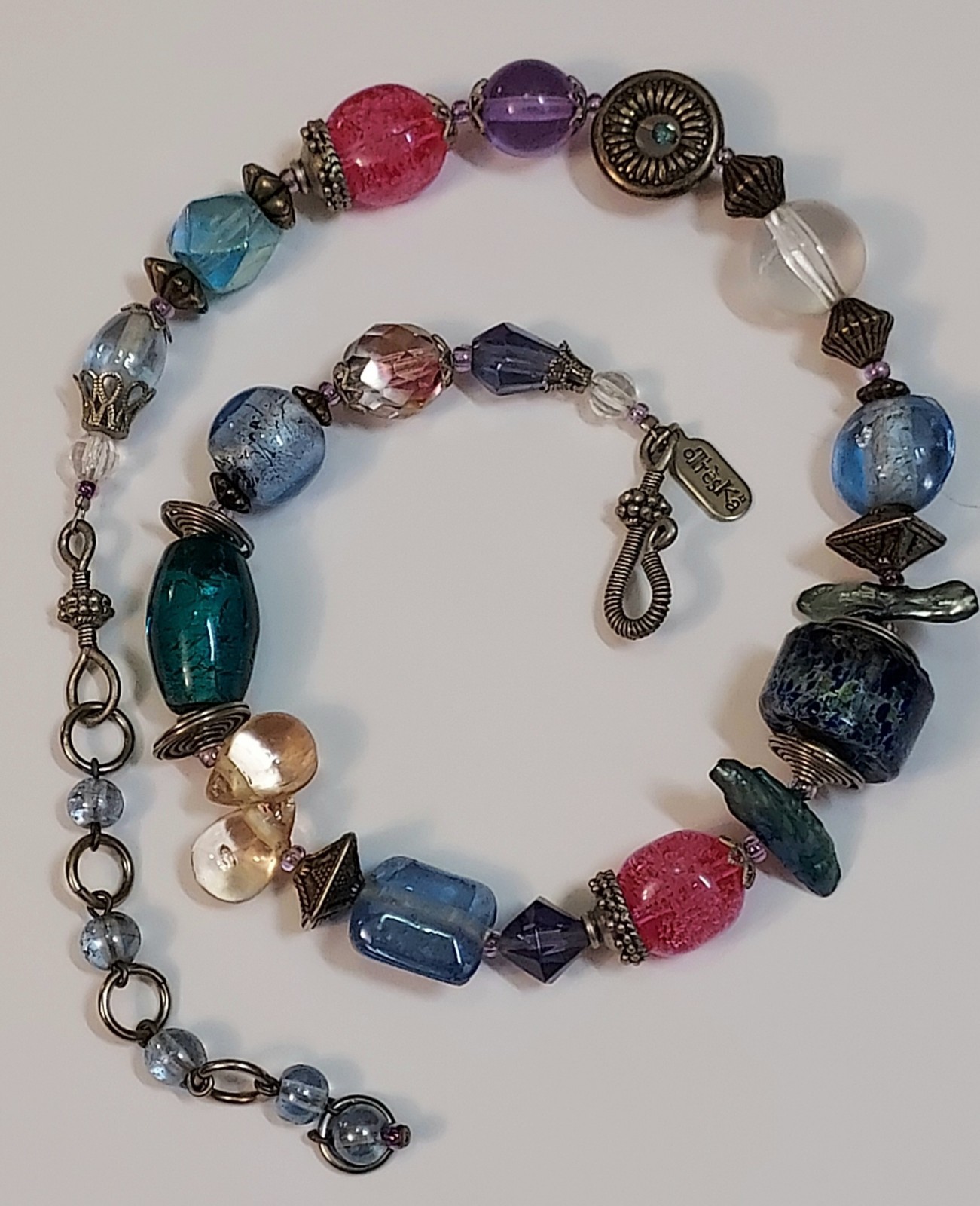 Treska Statement Necklace Glass & Acrylic Jewel Tone Signed Art Glass Boho