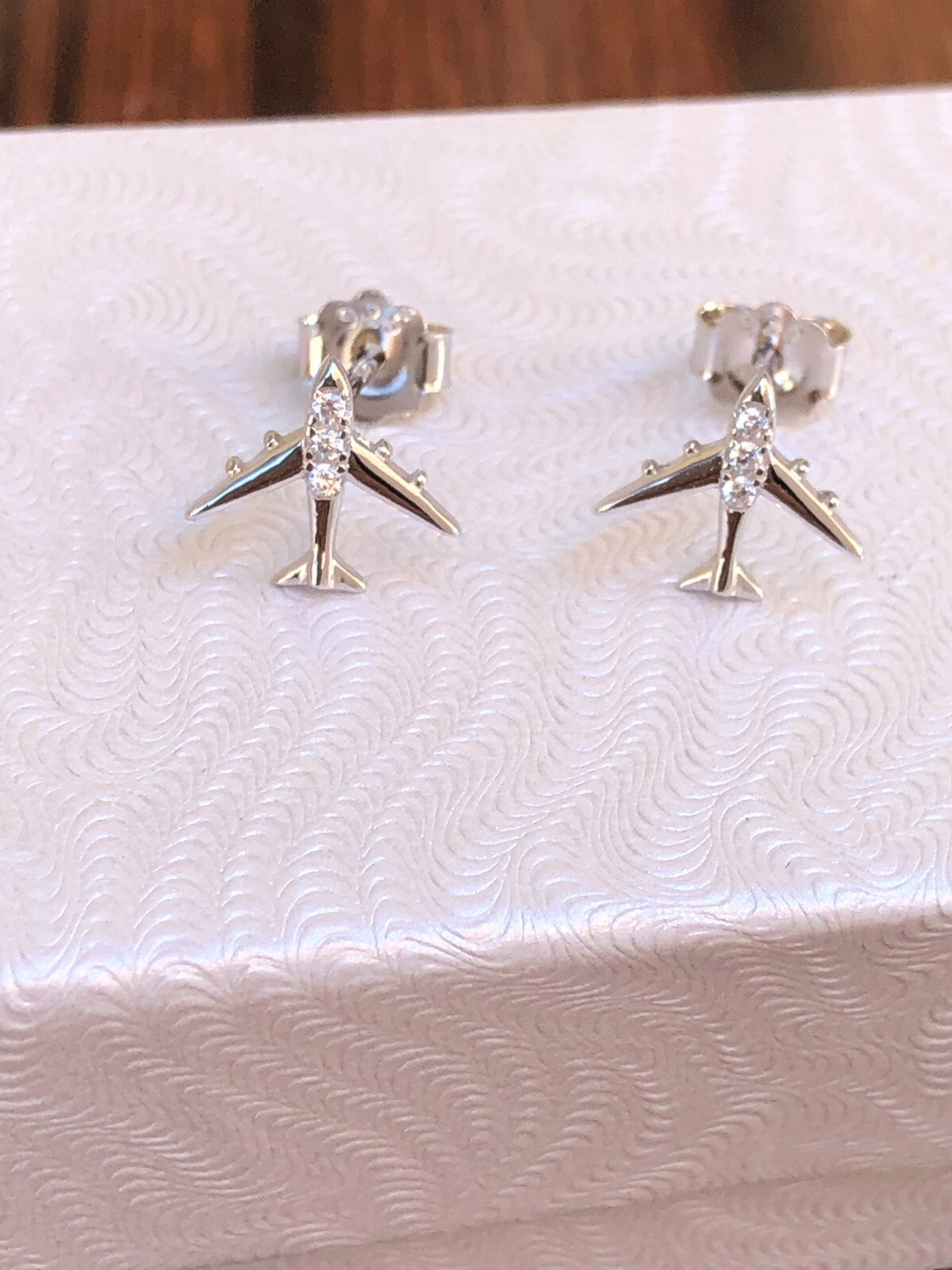925 Sterling Silver Cz Tiny Airplane Stud Earrings Dainty Studs 8x9mm