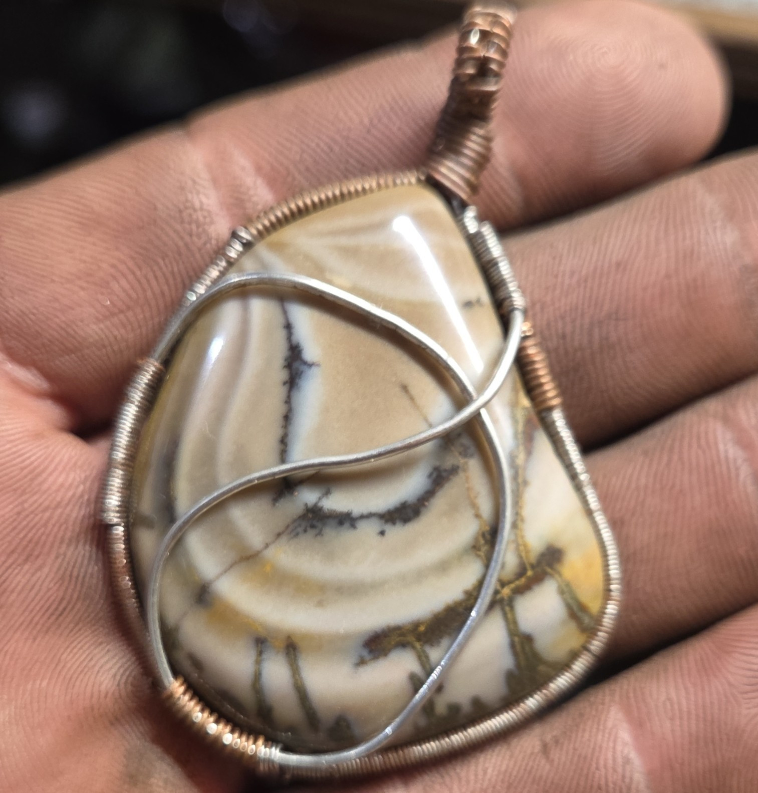 Copper And Stainless Wire Wrapped Freeform Blue Biggs Jasper Pendant Handcrafted