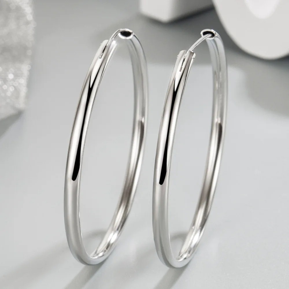 Women 925 Silver Hoop Earrings 3/4/5CM Thick Wedding Luxury Jewelry