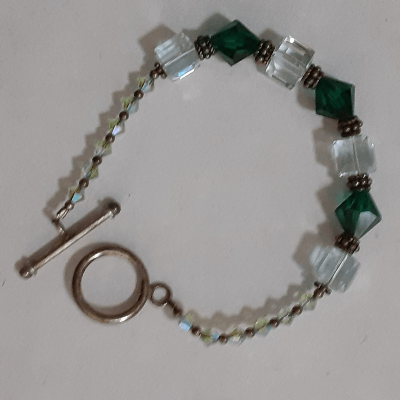 Crystal Beaded Bracelet Sterling Silver Toggle Green Clear Sparkly