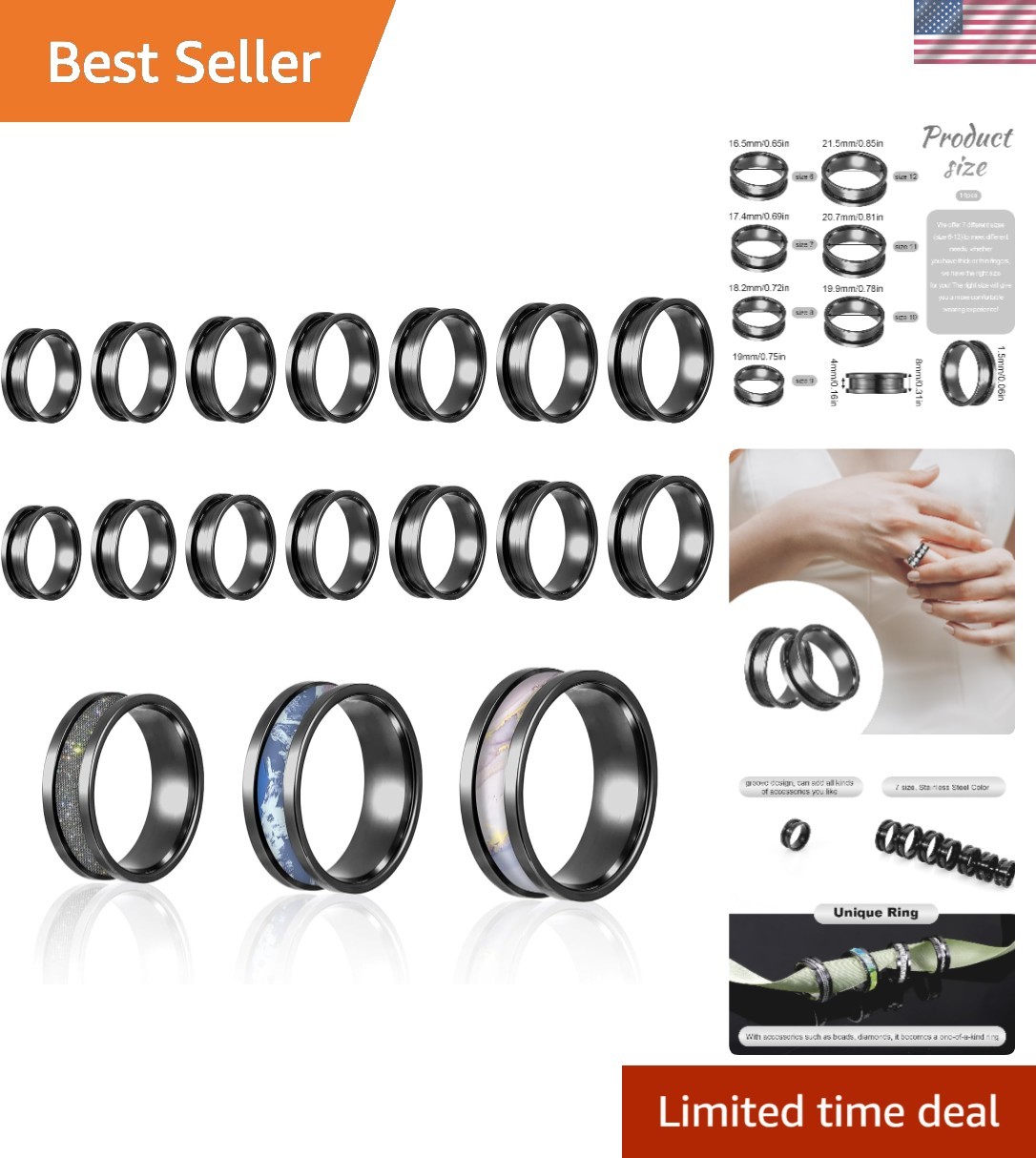 14PCS Stainless Steel Ring Blanks Grooved Inlay Rings DIY Jewelry Making Kit