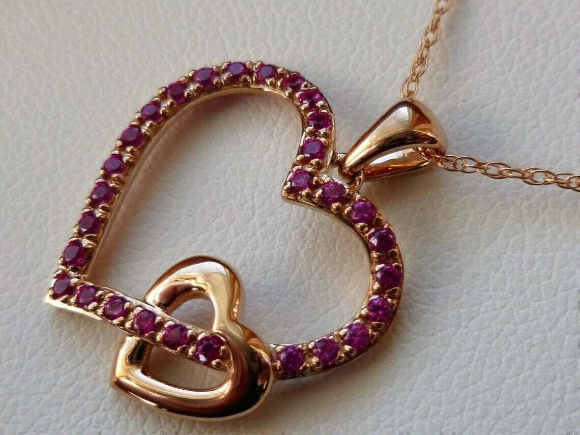 1.50Ct Round Cut Simulated Pink Ruby Heart Pendant 18″Chain 14k Rose Gold Plated