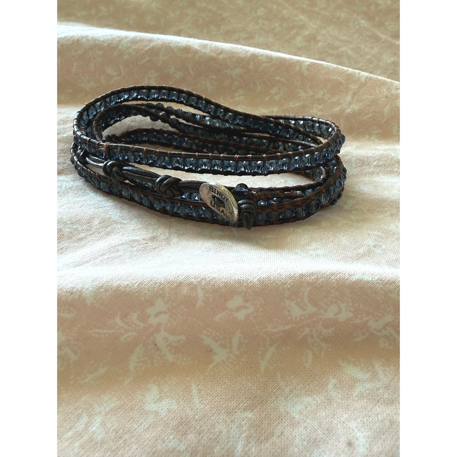 Bindy USA Beaded Leather Wrap Bracelet Smoky Blue Glass Crystal Layered Boho OS