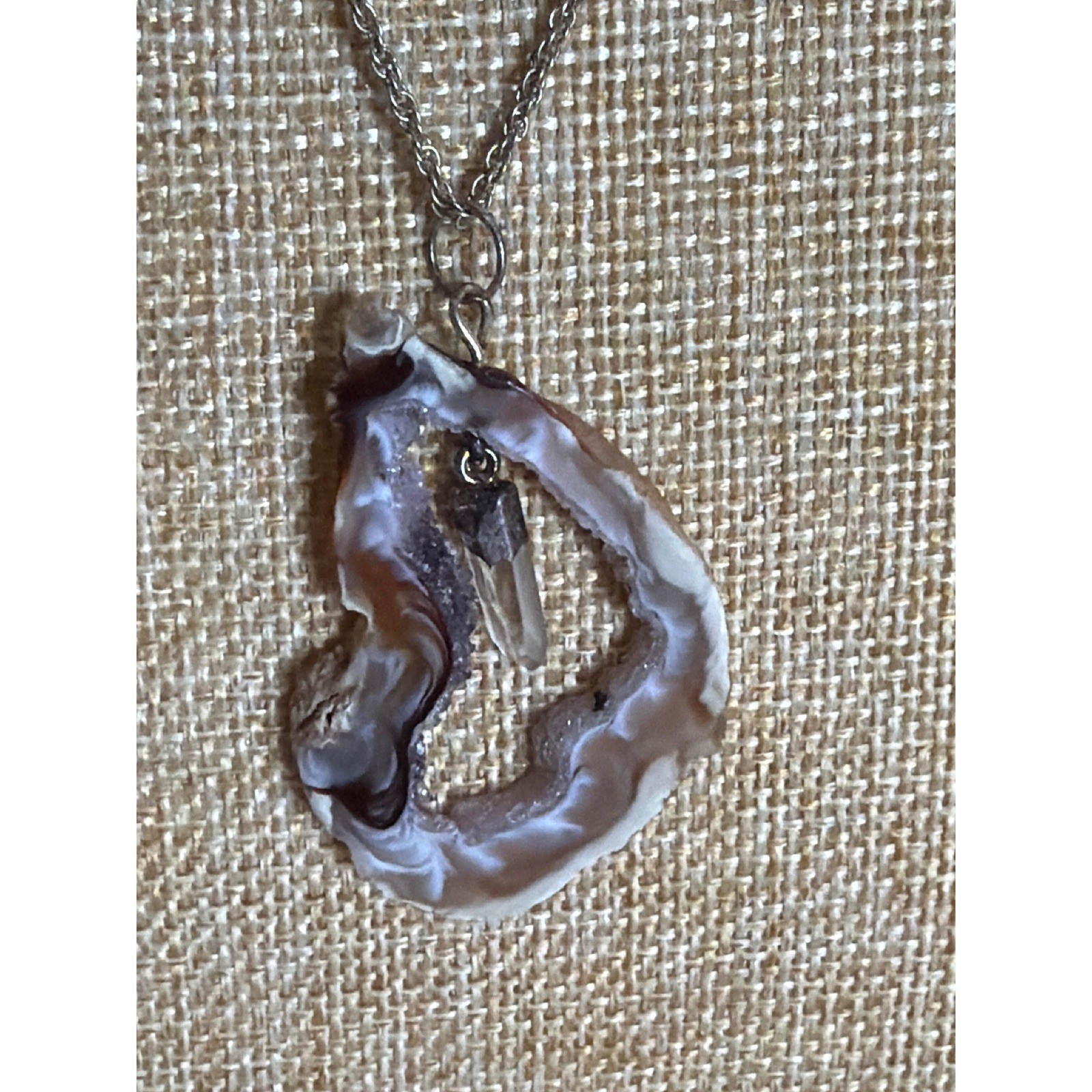Natural Agate Geode Slice Necklace with Raw Crystal Point Pendant Silver Tone